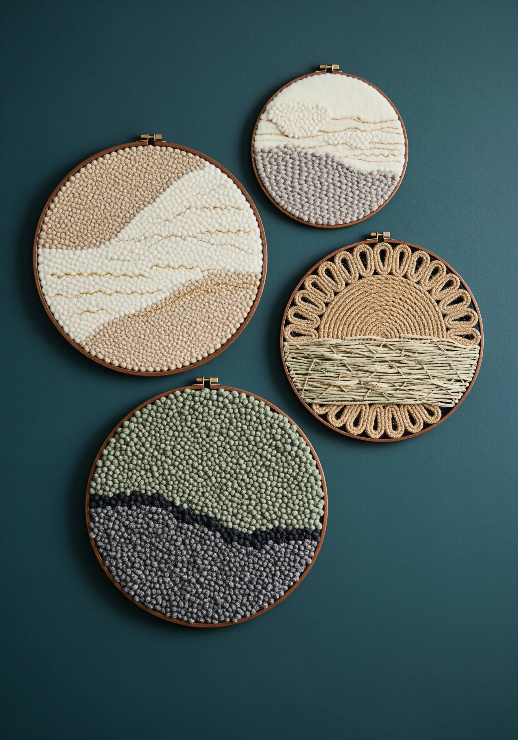 A collection of four punch needle hoops with abstract neutral-toned landscapes against a dark teal wall.