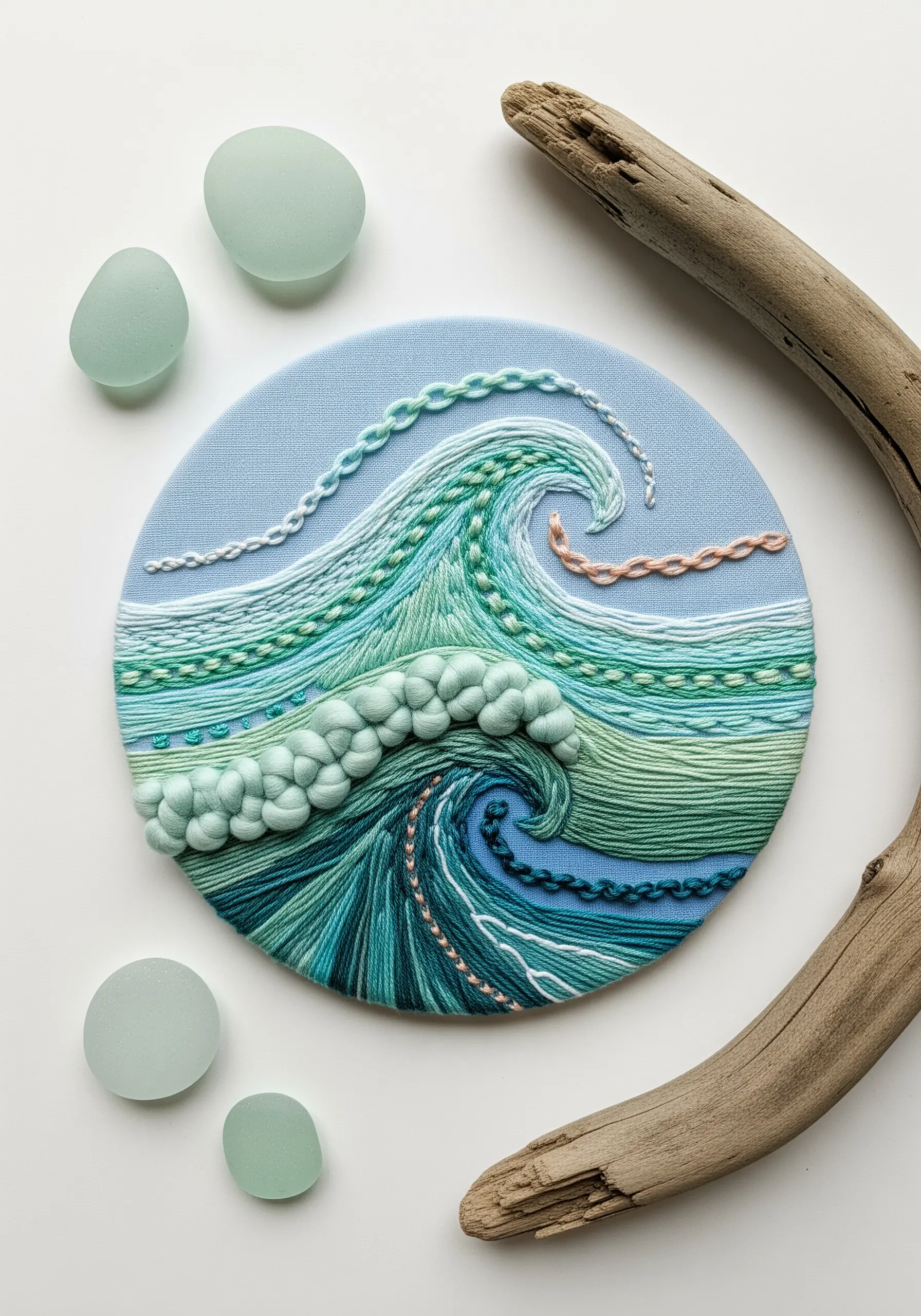 An abstract ocean wave embroidery using various stitches and yarn textures.
