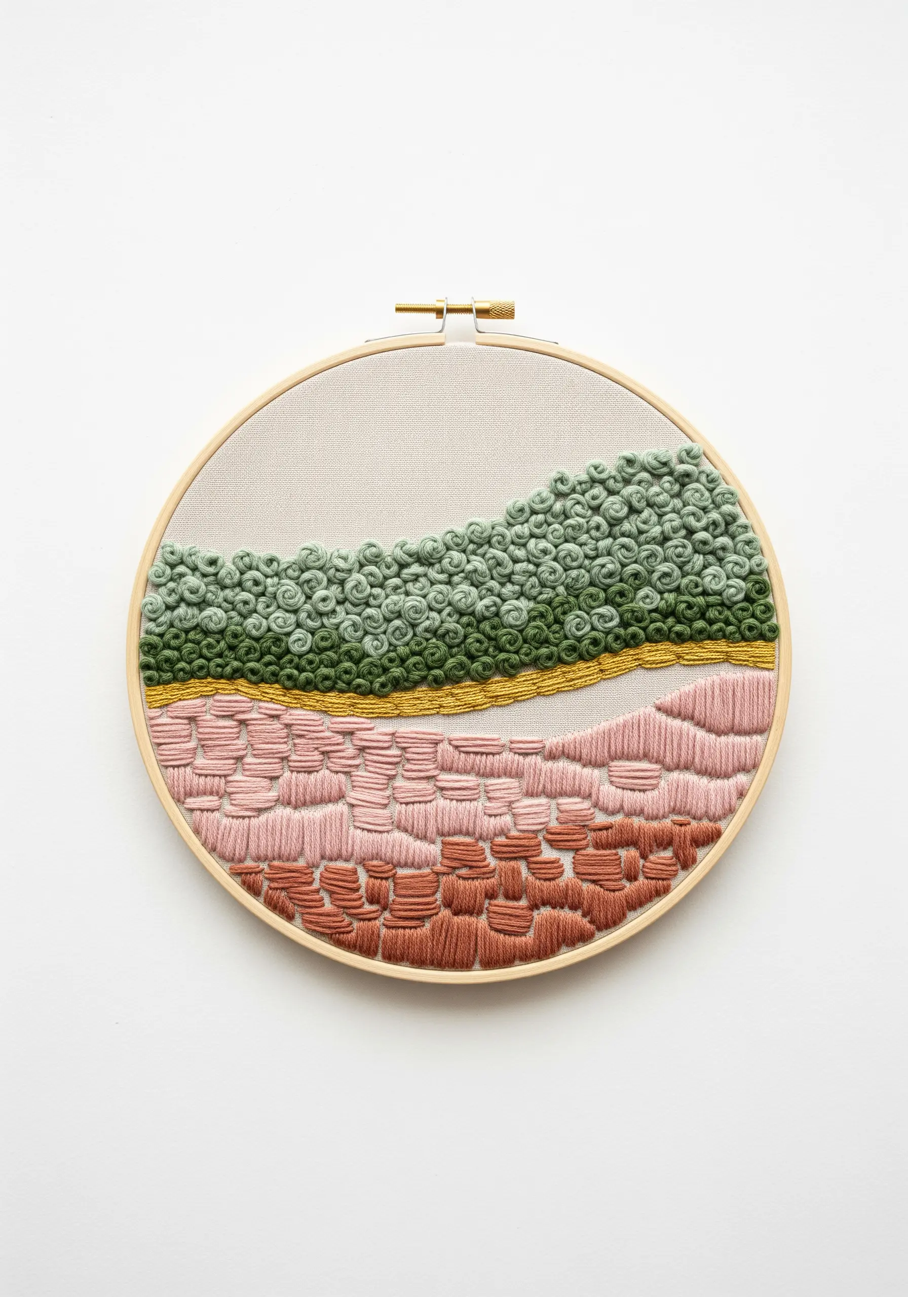 Abstract embroidery hoop with green French knots, pink satin stitches, and terracotta woven bars.