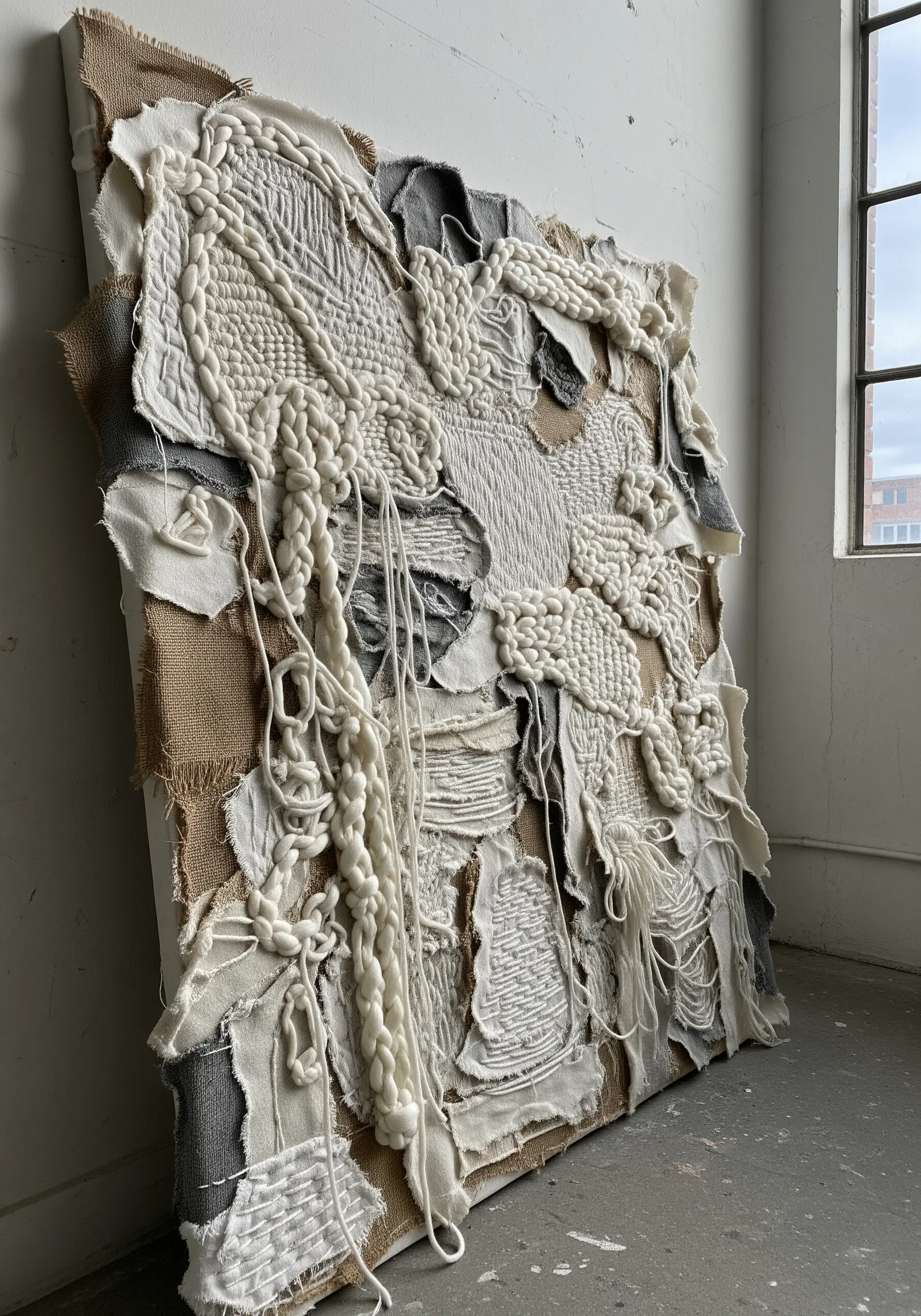 Large, heavily textured abstract canvas using neutral-toned fabrics, yarns, and braids