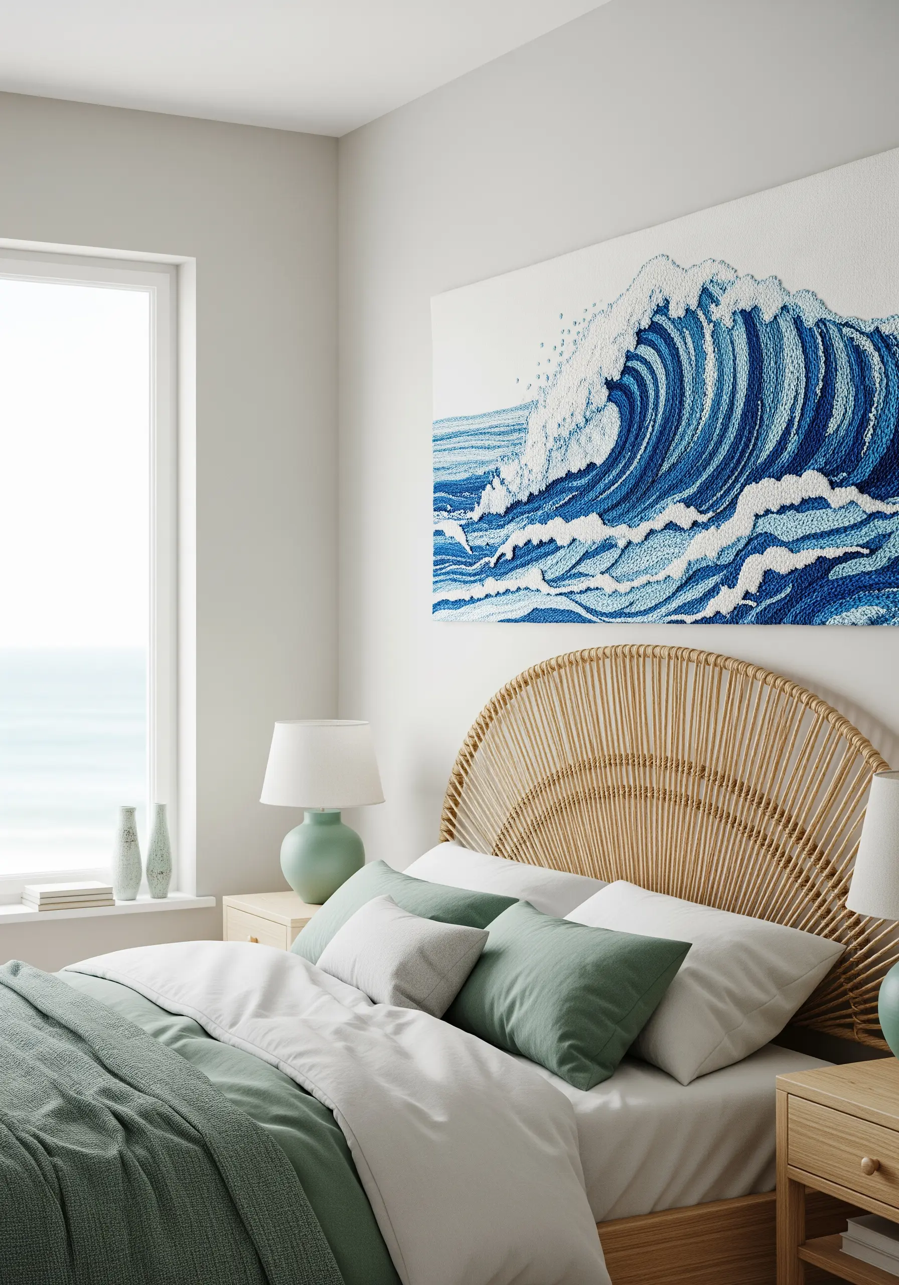 A large embroidered ocean wave made with textured blue and white French knots.
