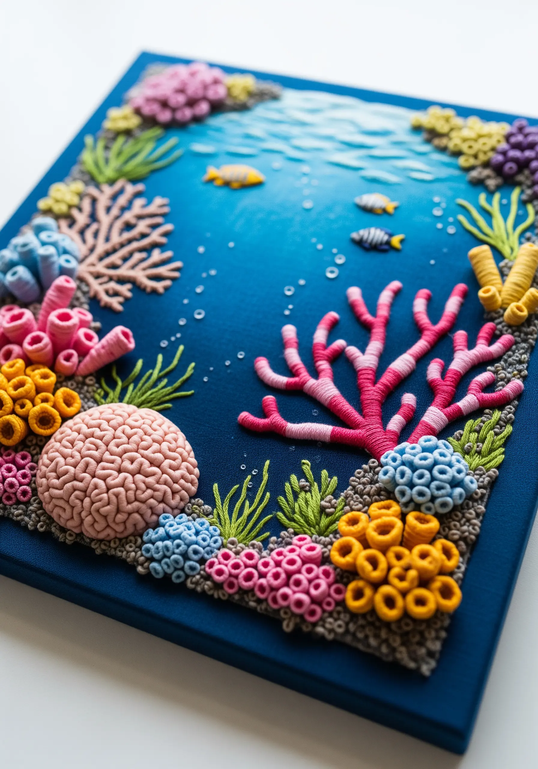 A highly textural, 3D embroidered coral reef scene with vibrant colors and dimensional stitches.
