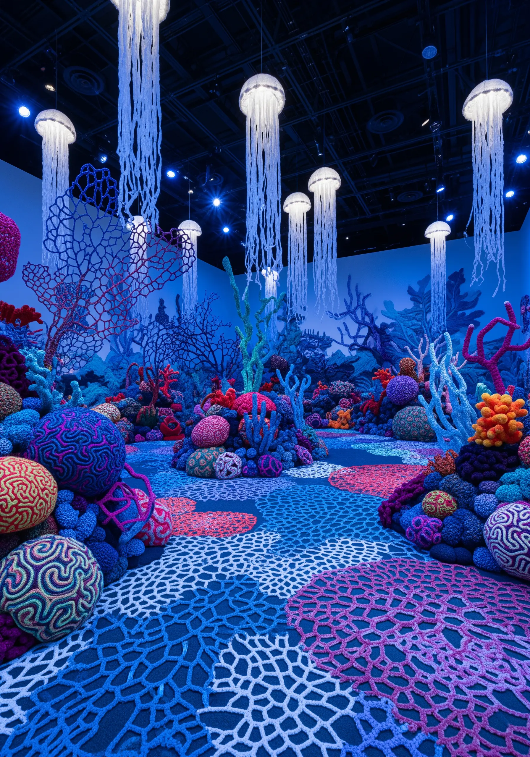 Immersive fiber art installation of a crocheted coral reef with vibrant, textured forms.