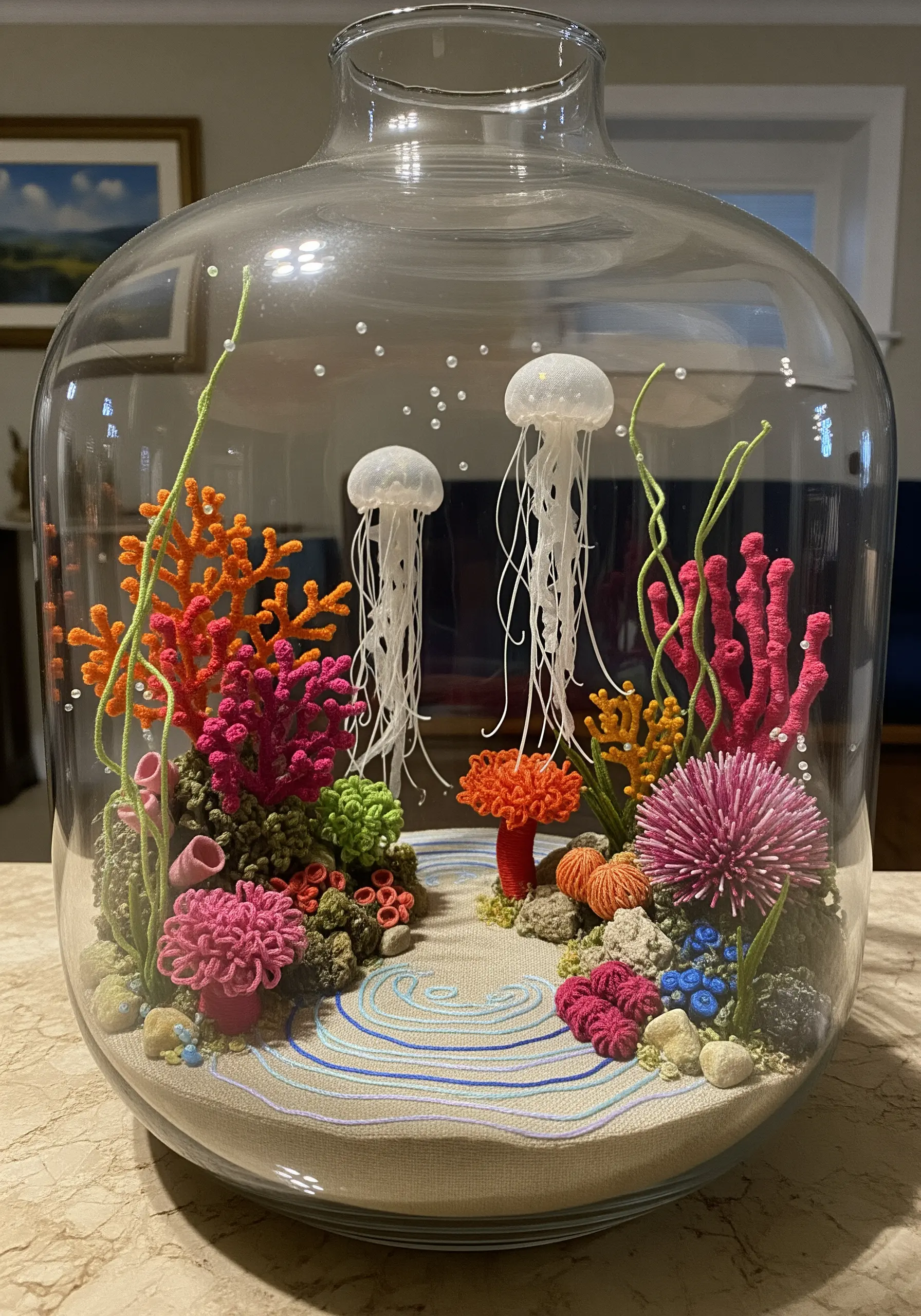 A 3D embroidered coral reef scene with jellyfish and colorful coral inside a large glass jar.