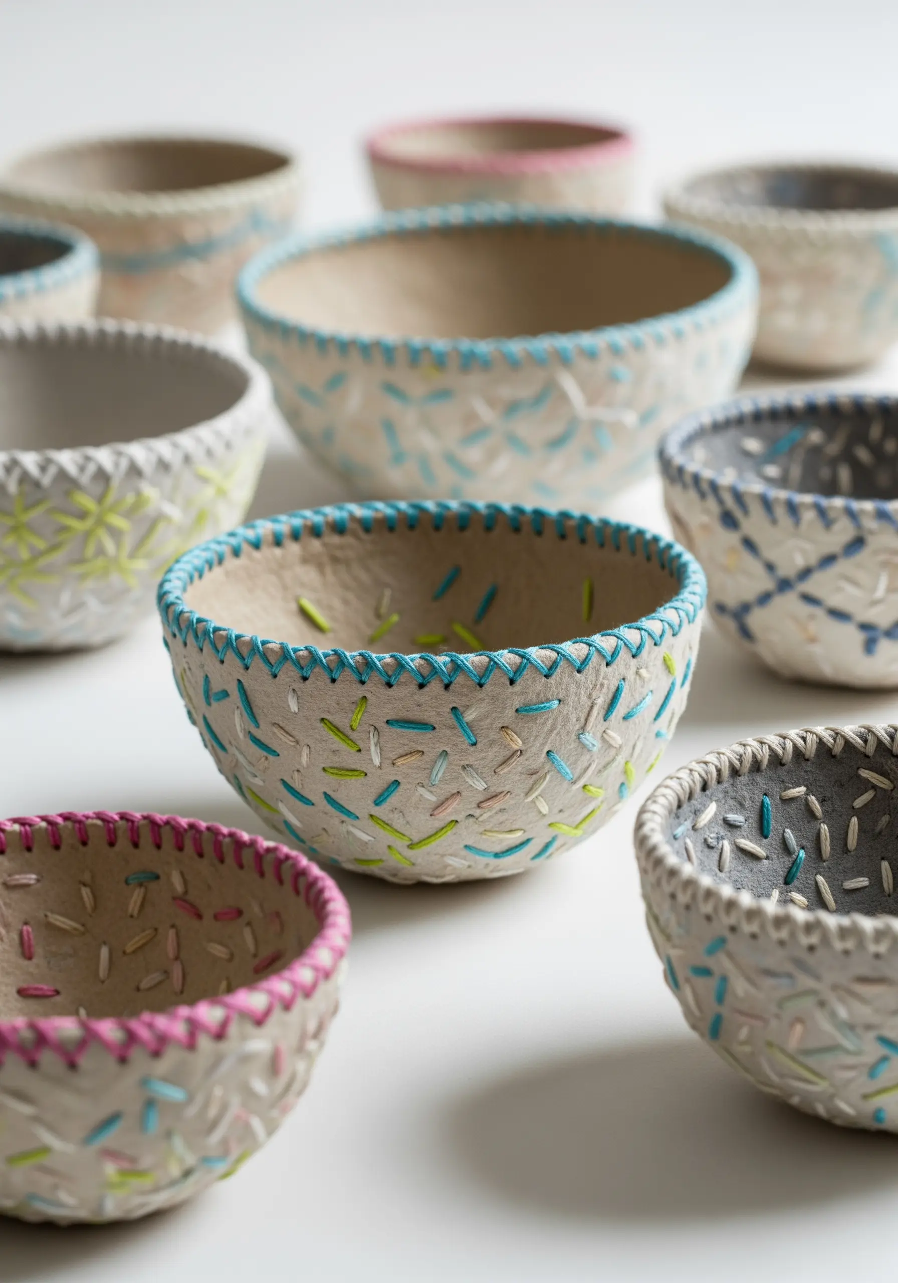 Handmade bowls made from paper pulp, decorated with colorful embroidery stitches around the rims.