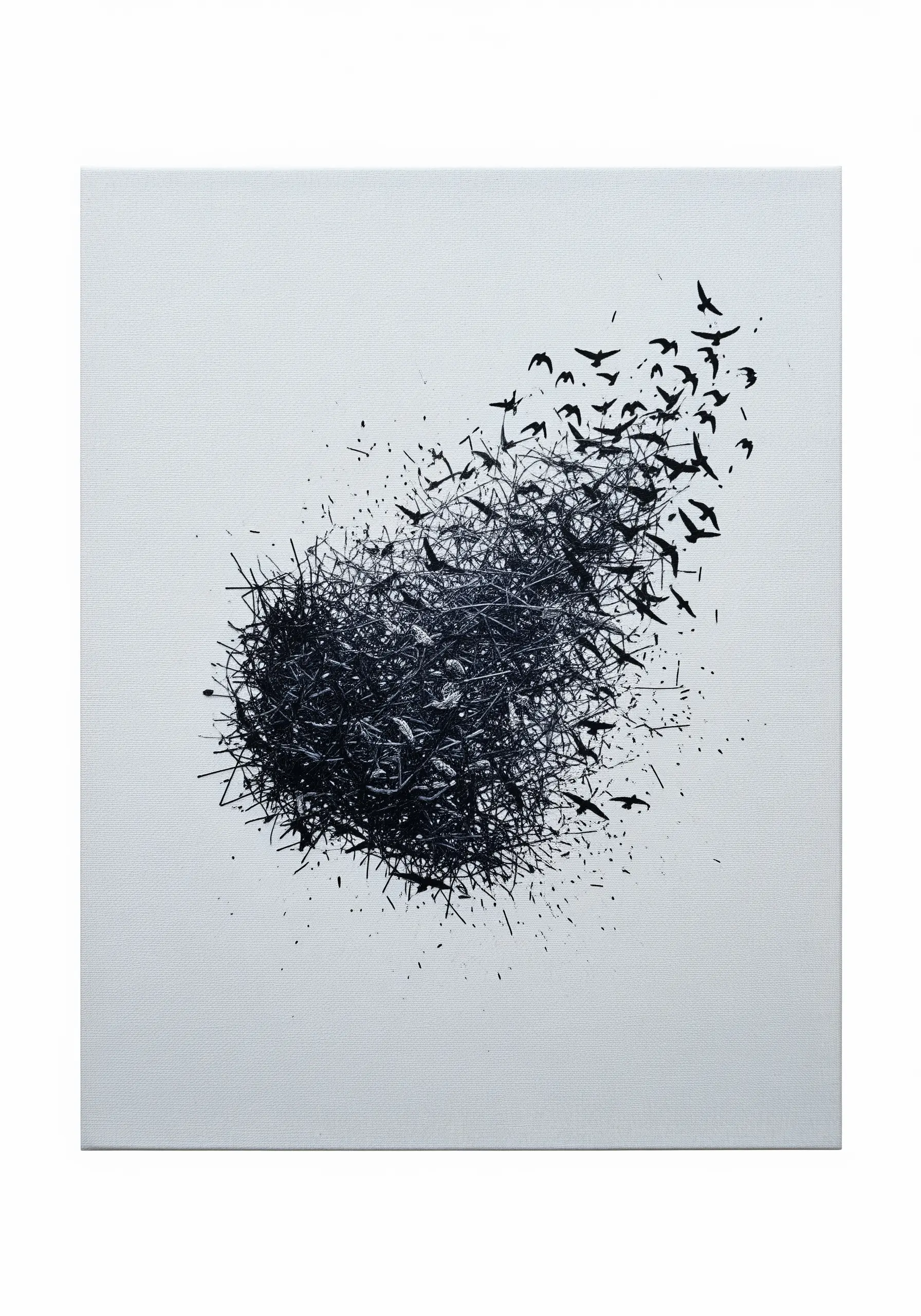 An abstract black mass of chaotic thread, exploding into a flock of birds.