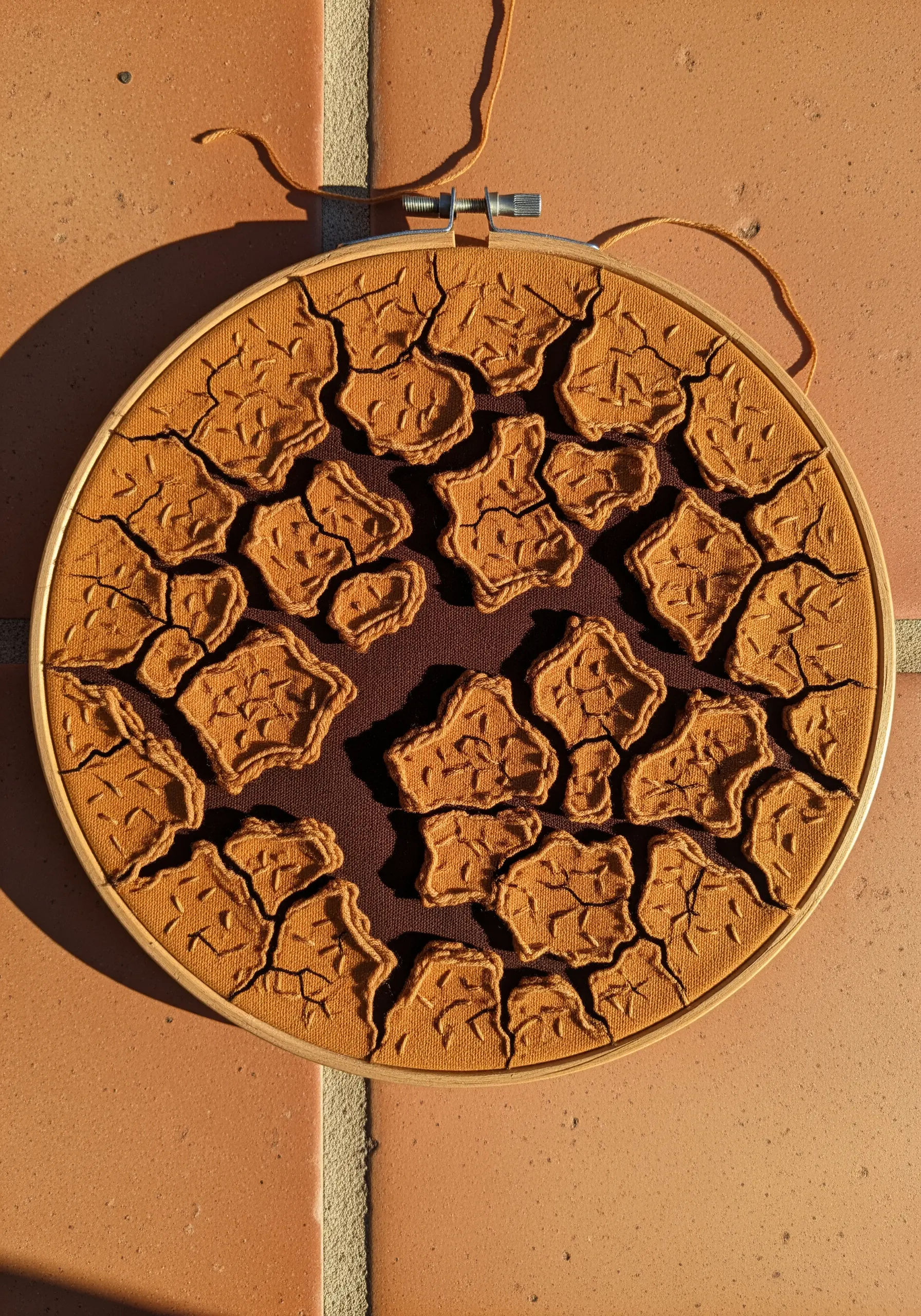 A hoop art embroidery depicting cracked, dry earth using raised, padded appliqué shapes.