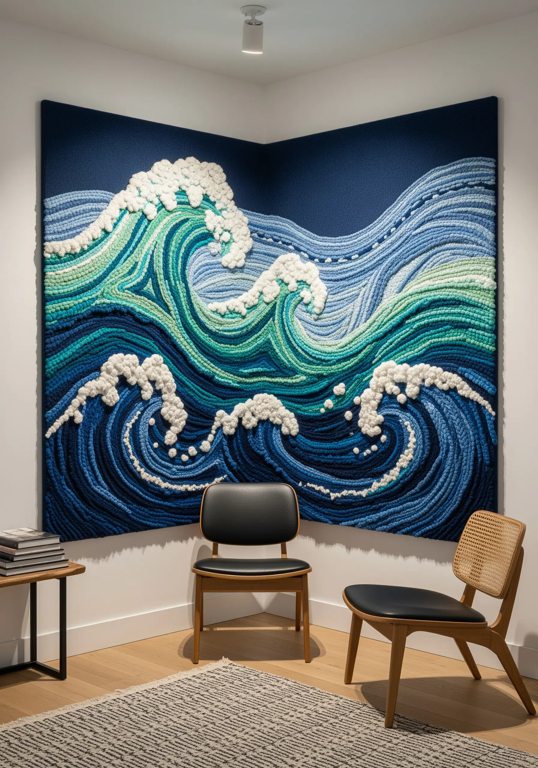 Large, 3D embroidered wall art of crashing ocean waves, wrapping around a corner.
