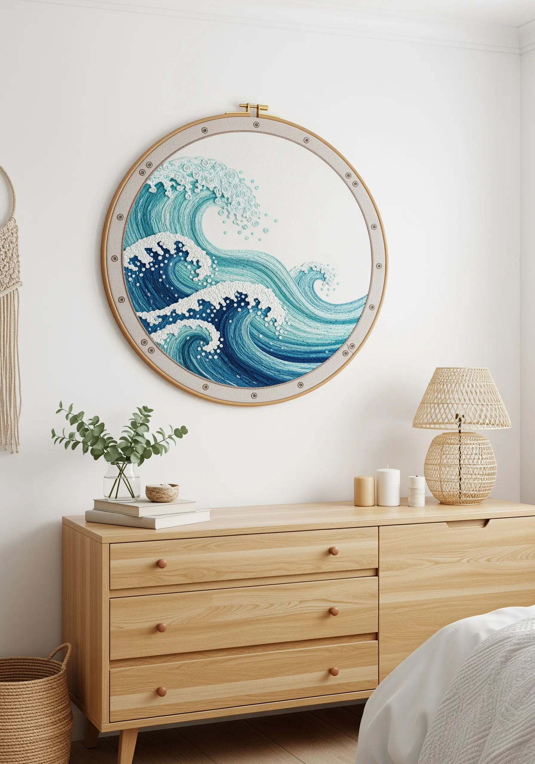 A large, intricate embroidery of an ocean wave, with detailed thread painting and French knots.