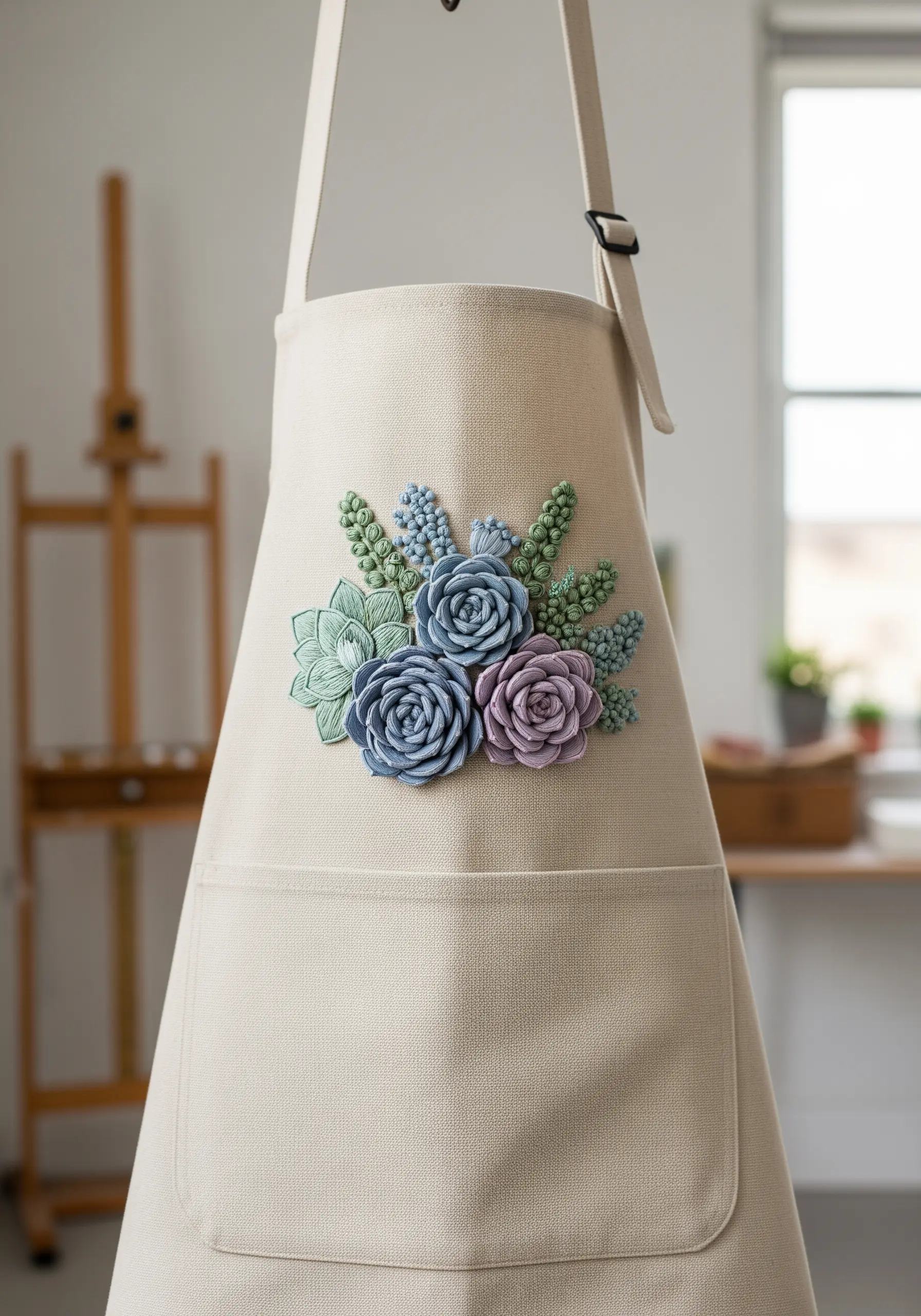 A cluster of 3D embroidered succulents in muted tones on a canvas apron.
