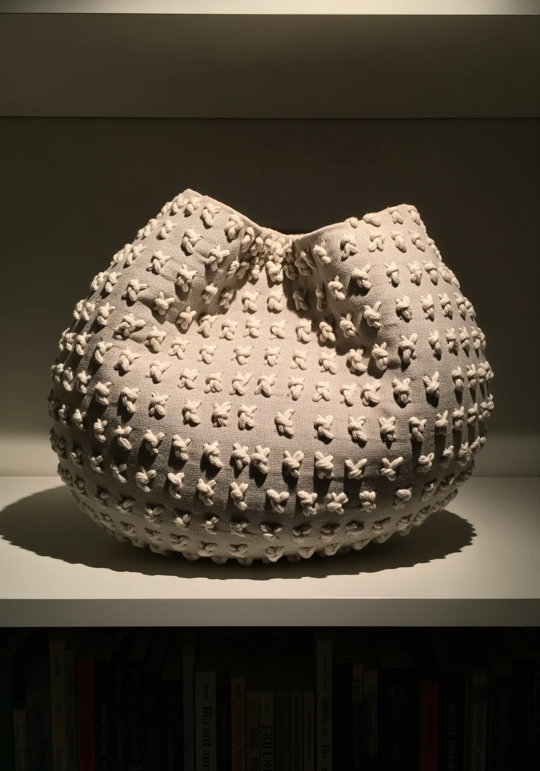 A sculptural fabric vessel covered in a dense pattern of repeating white knots.