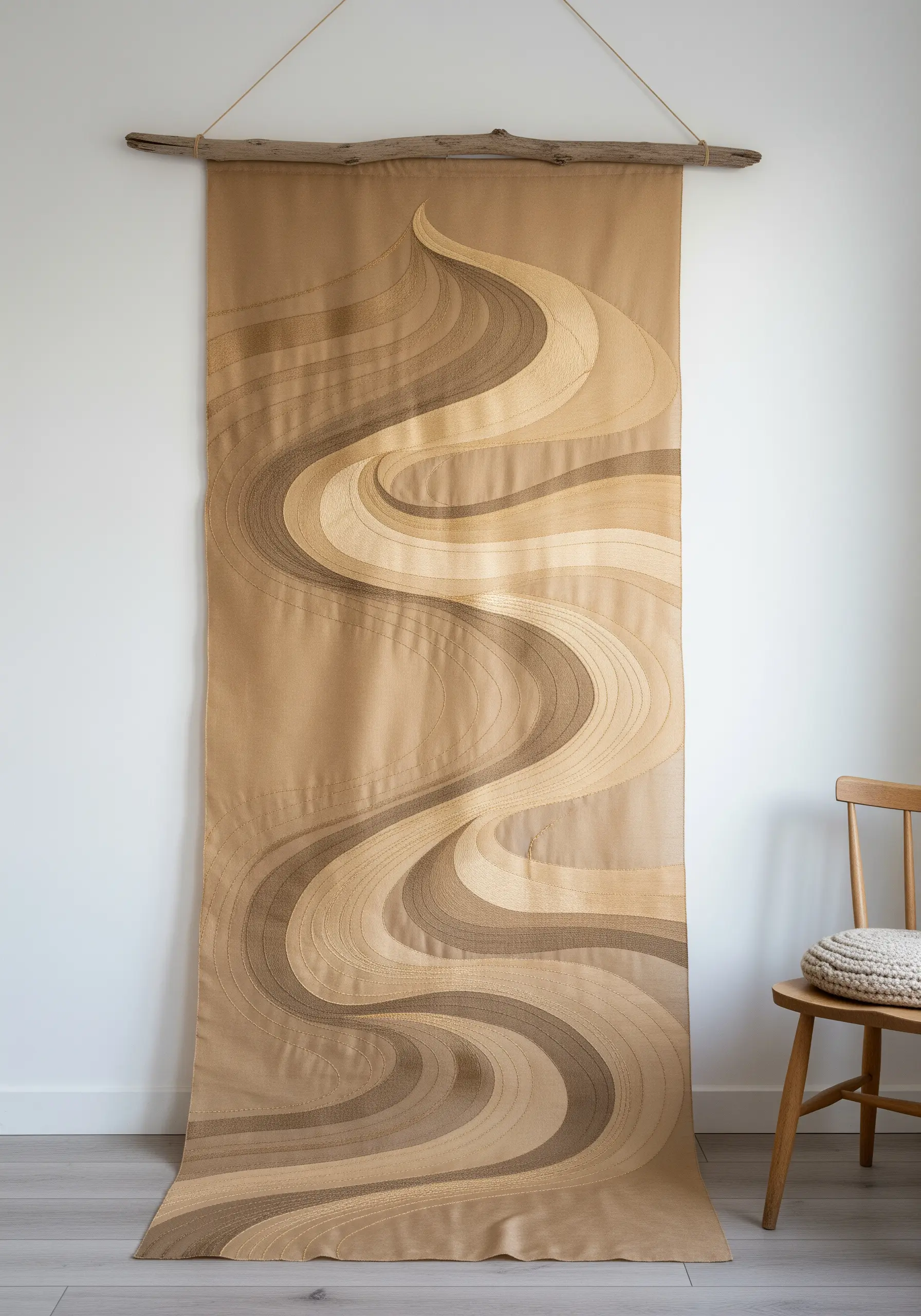 Large neutral-toned wall hanging with flowing, embroidered sand dune patterns.