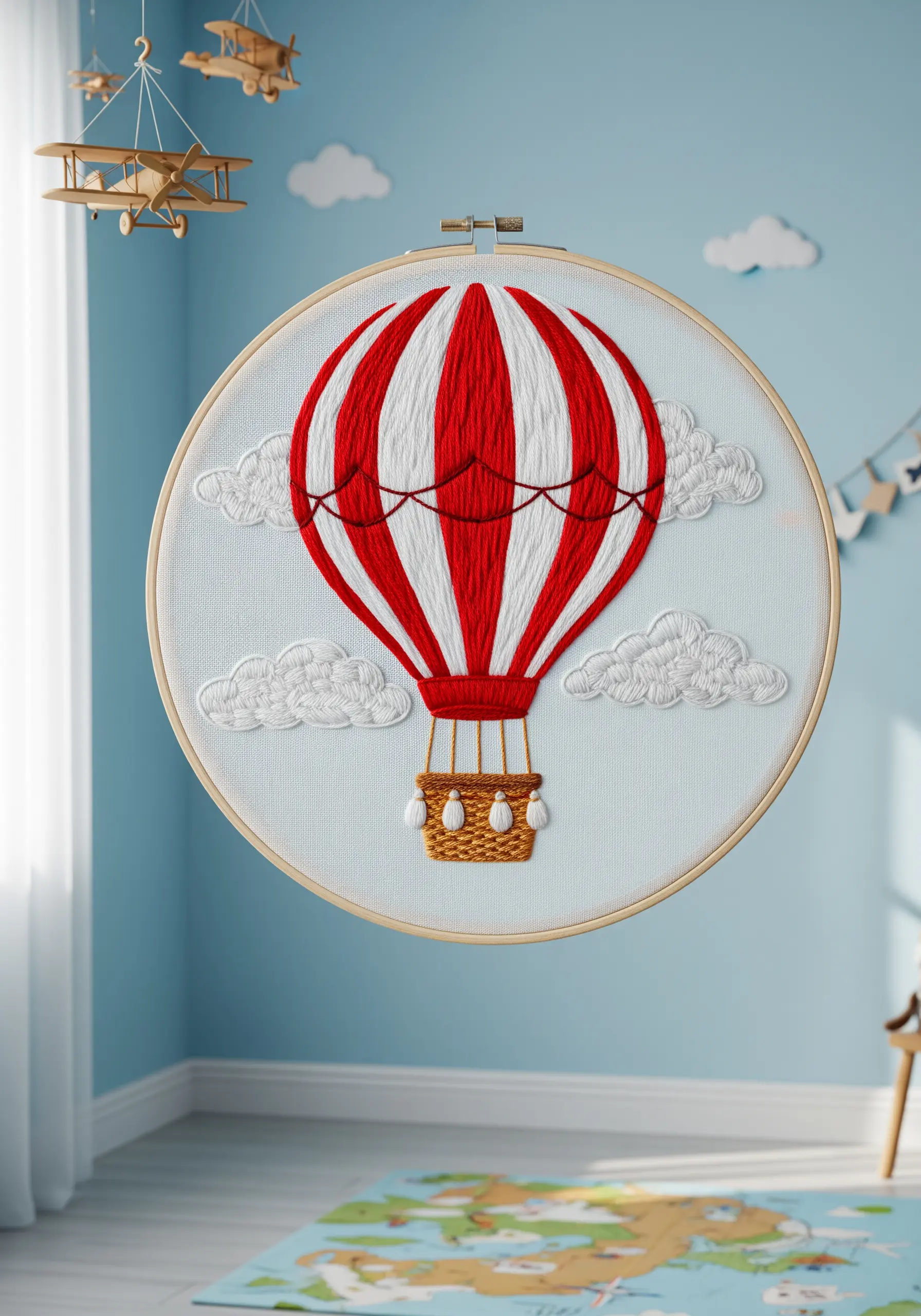 An embroidered hot air balloon in red and white, floating among fluffy white clouds.