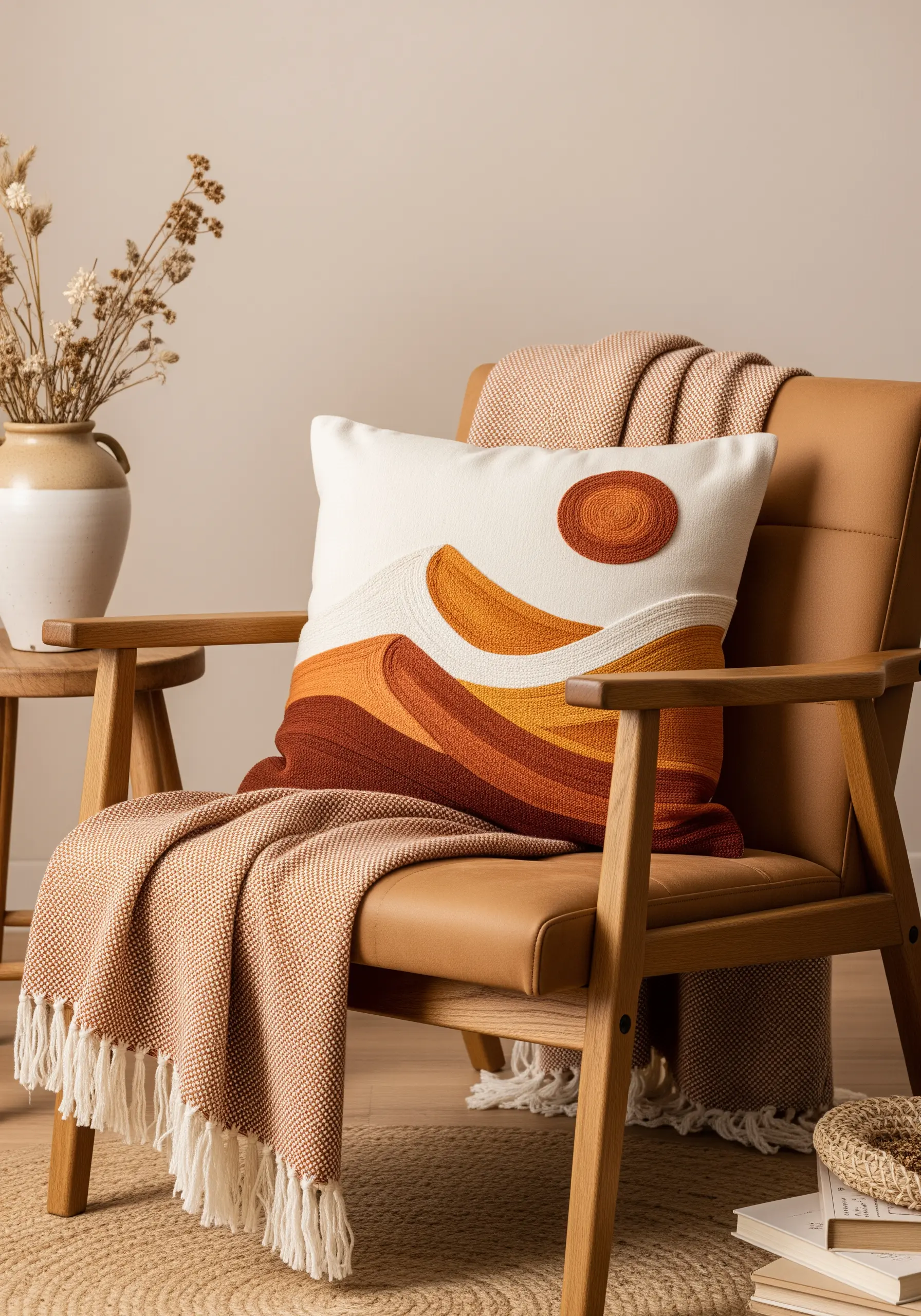 An abstract landscape pillow with flowing satin stitches in earthy tones.