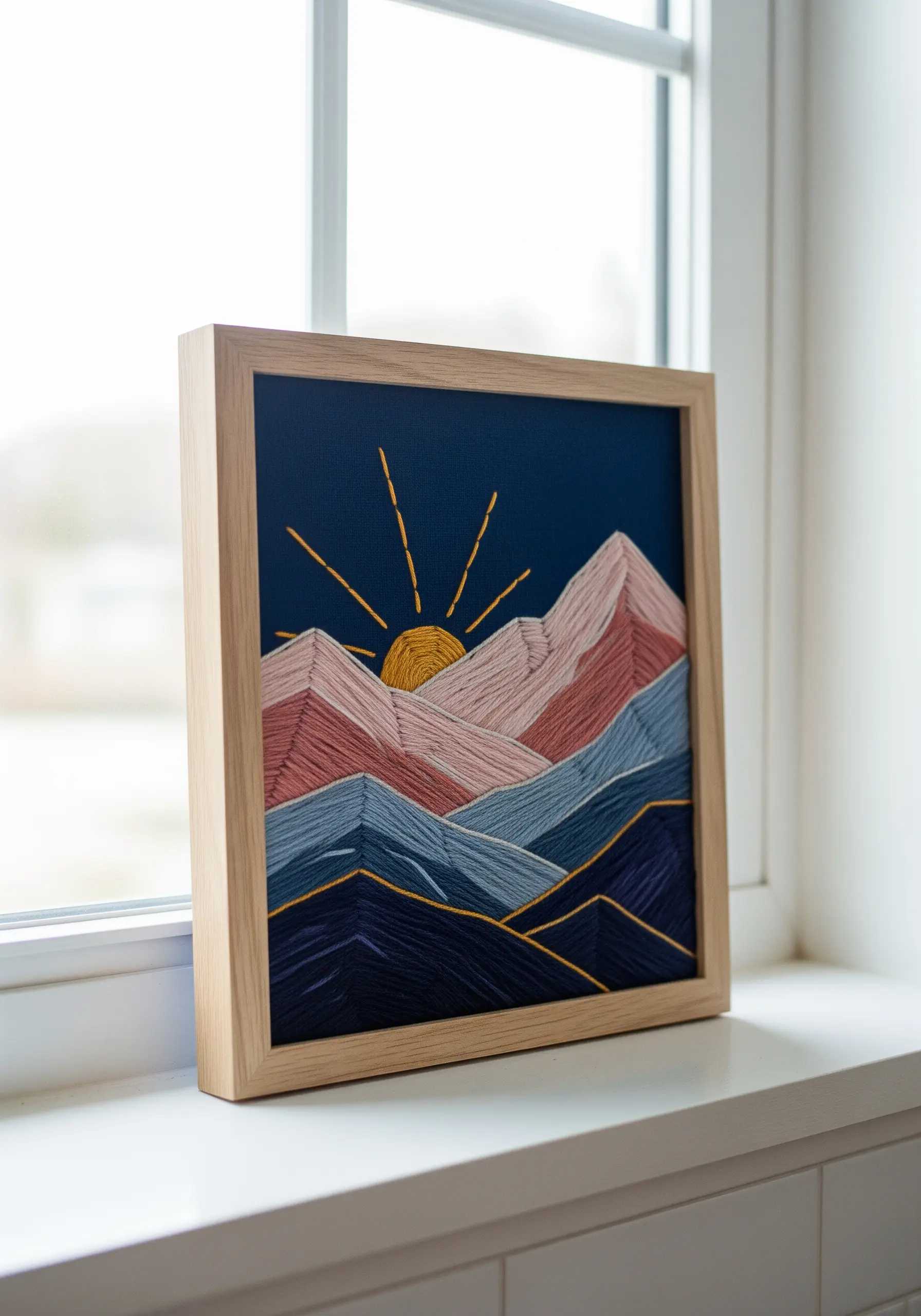 Framed mountain landscape embroidery with directional satin stitch and gold outlines.