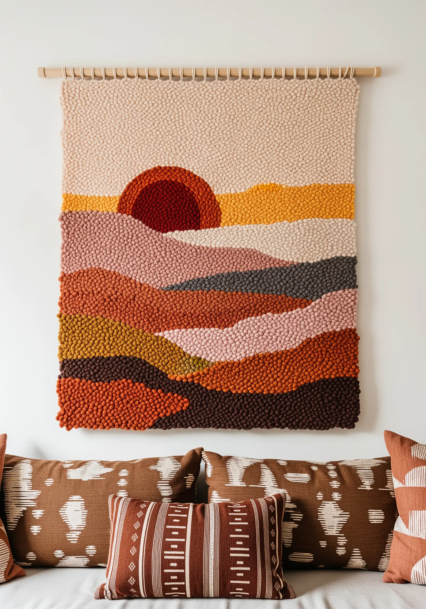 A large punch needle wall hanging depicting a warm-toned abstract landscape with a setting sun.