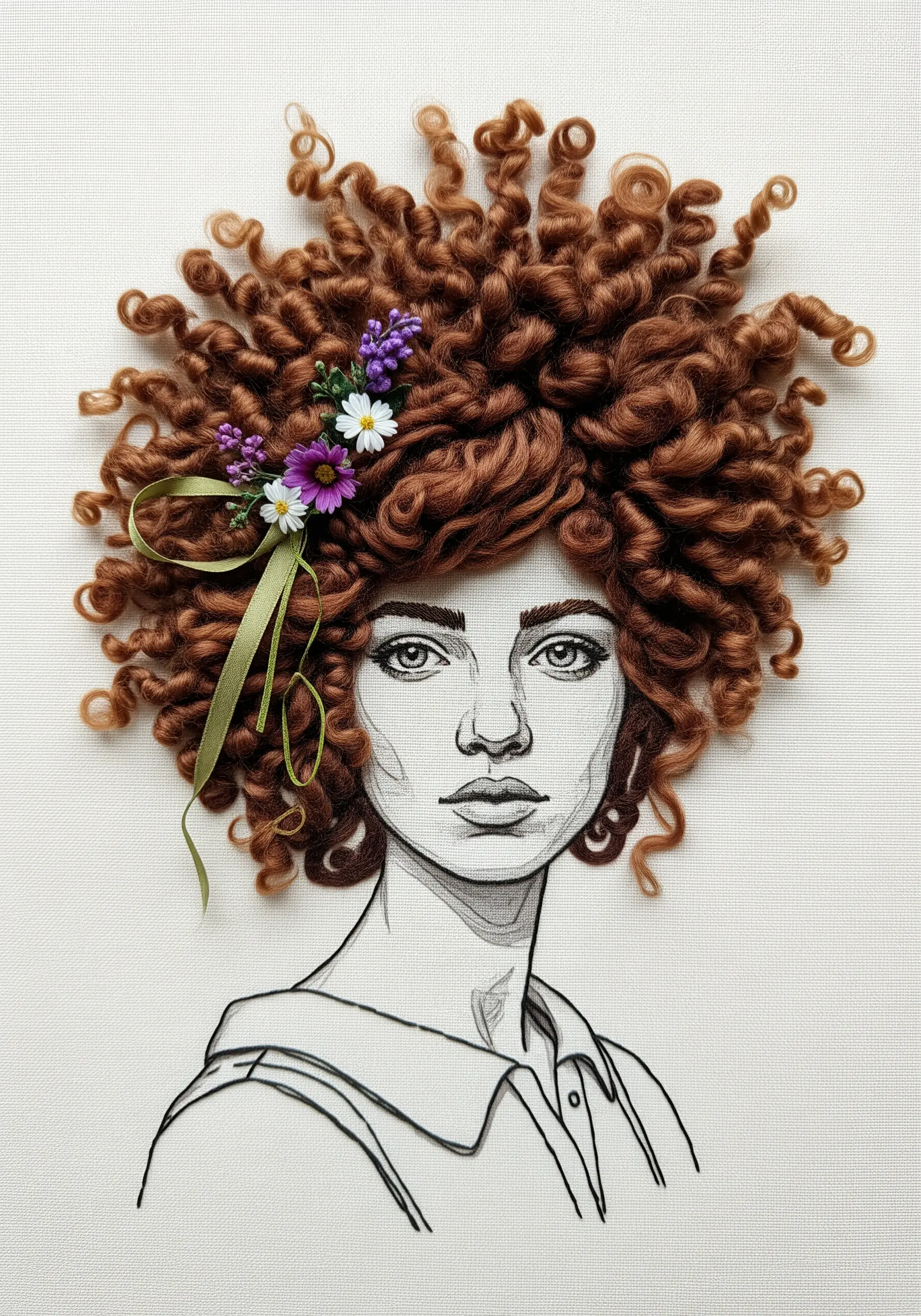 Line art portrait with 3D sculpted yarn curls for hair.