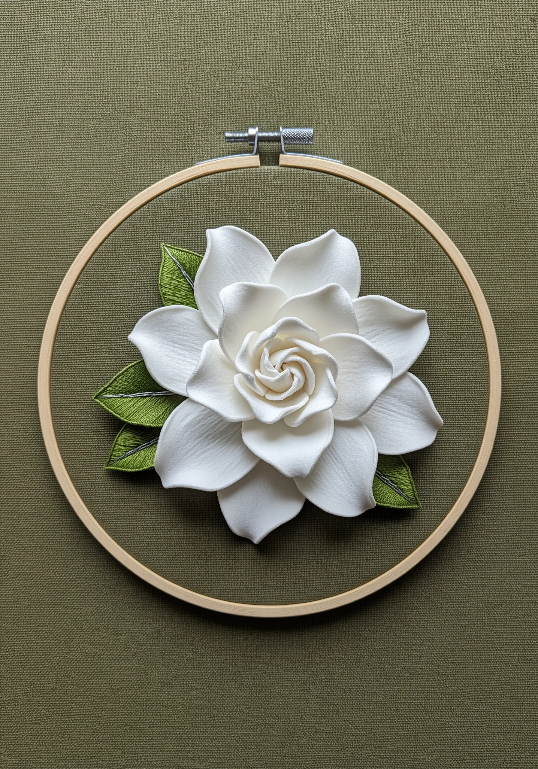 A three-dimensional white gardenia flower made with stumpwork embroidery techniques.