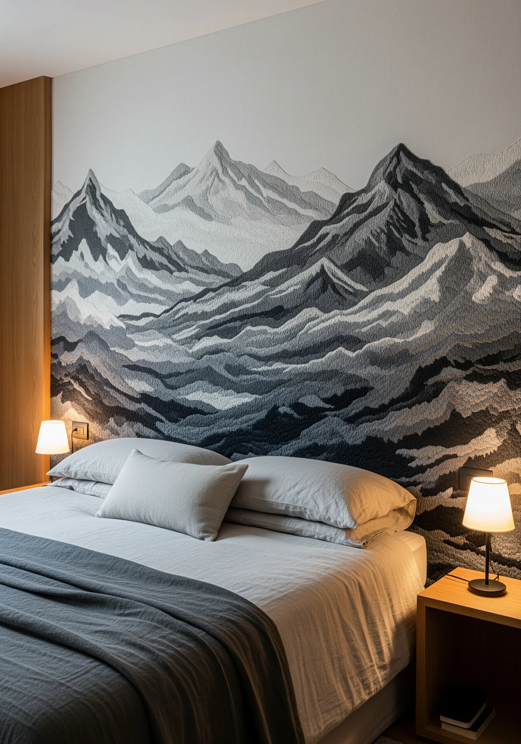 Large-scale embroidered wall mural of a mountain range in monochrome thread.