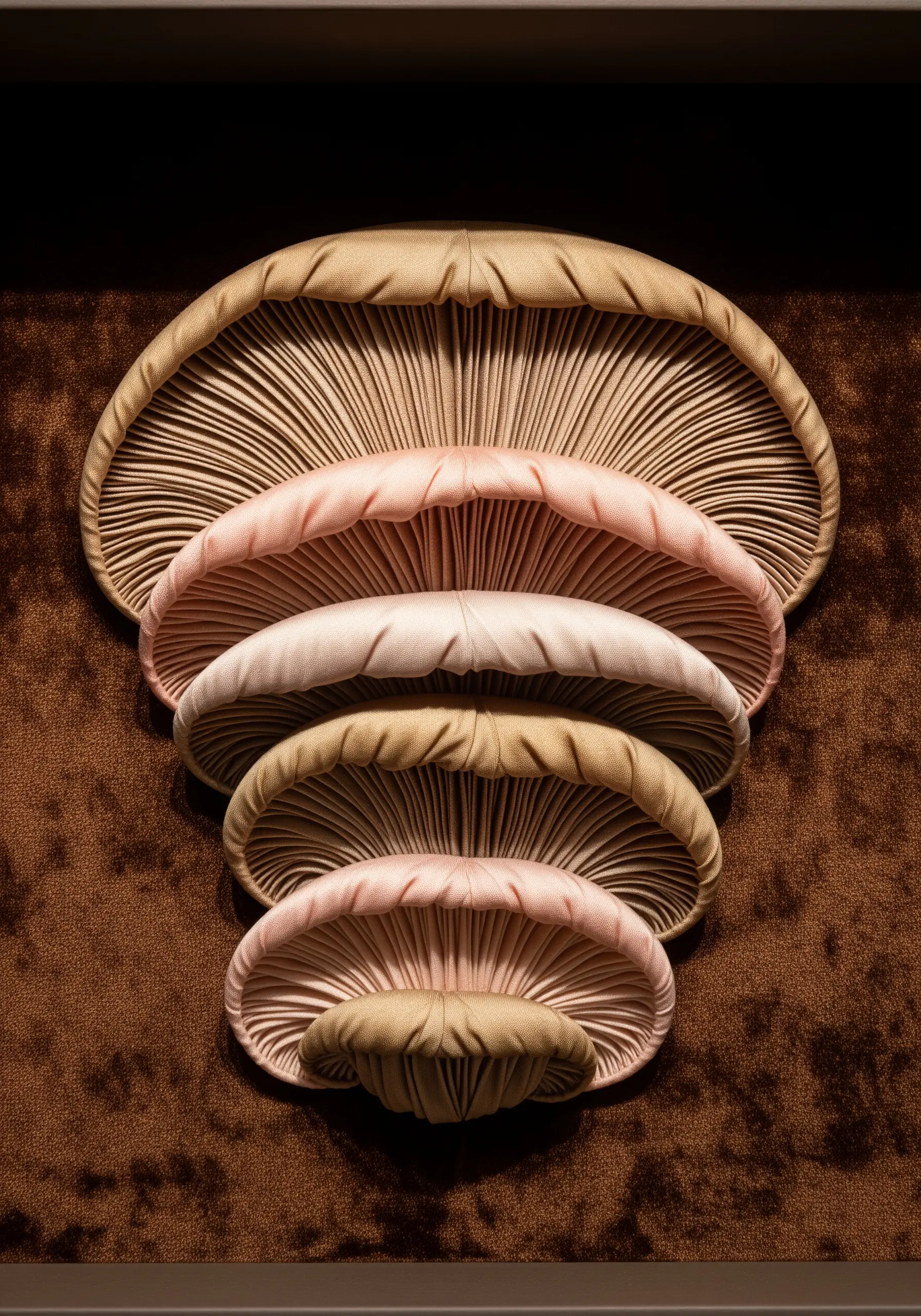 A sculptural embroidery of stacked mushroom caps, showing detailed, fabric-gathered gills.
