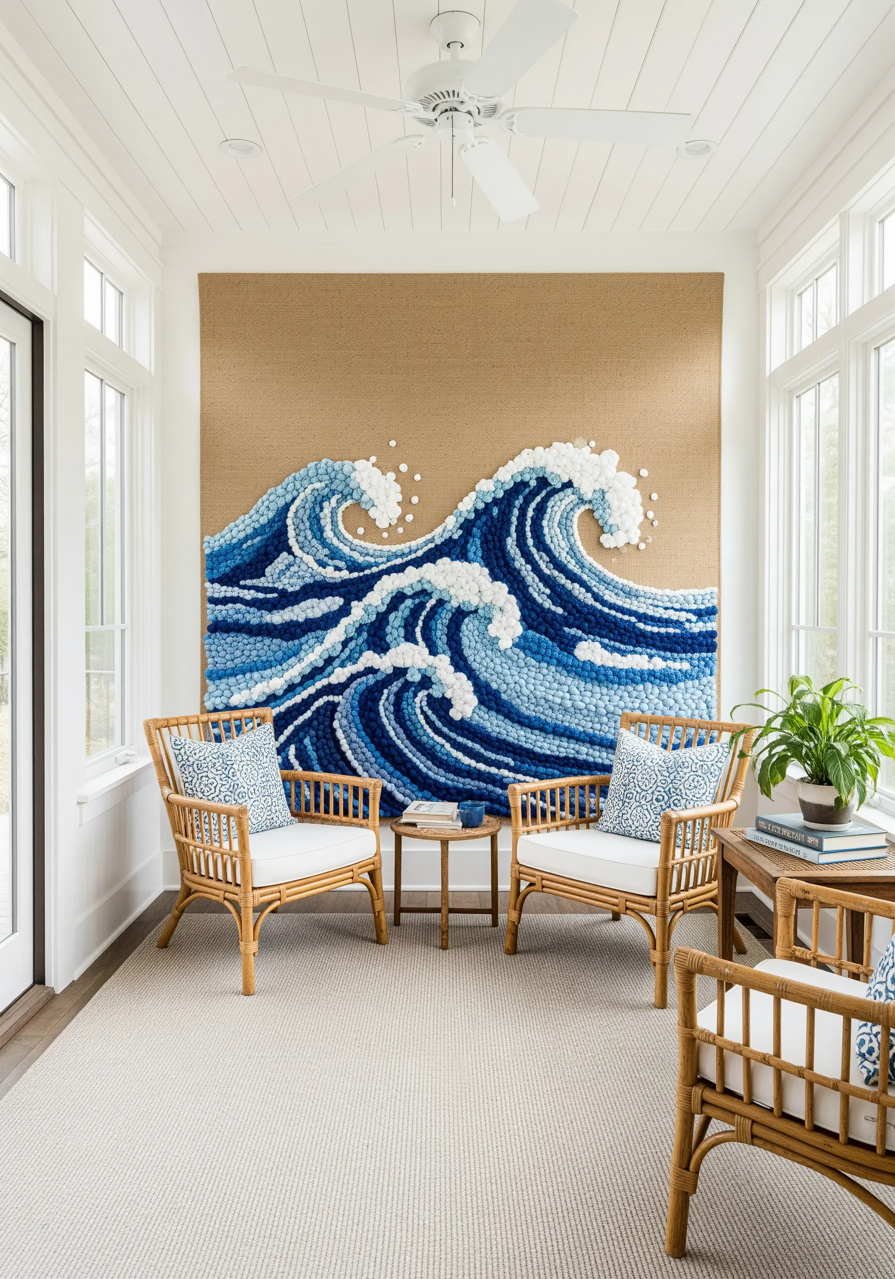 A large punch needle wall hanging depicting stylized ocean waves in shades of blue and white