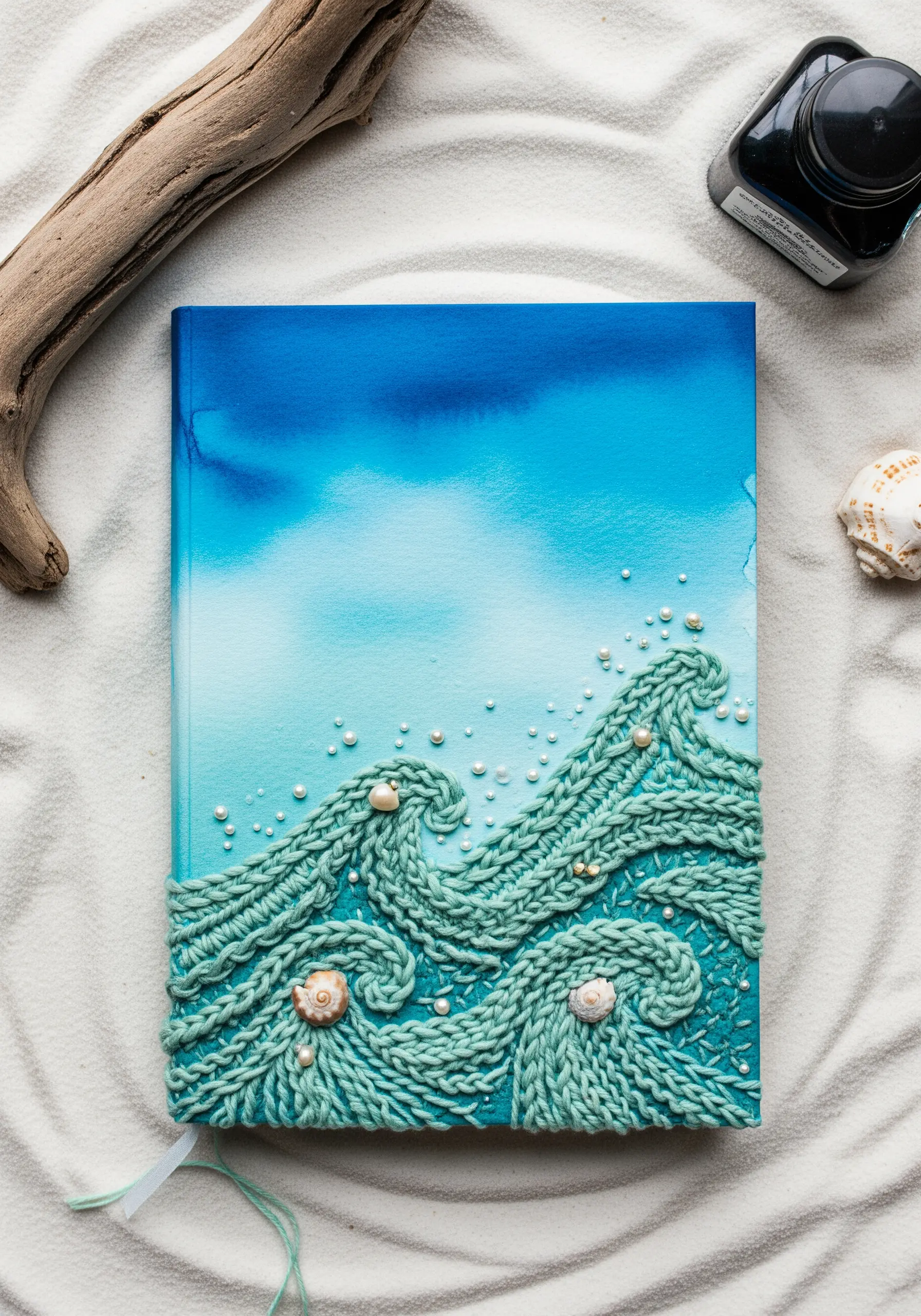 Journal with a watercolor ocean background and dimensional waves made from knitted green yarn.