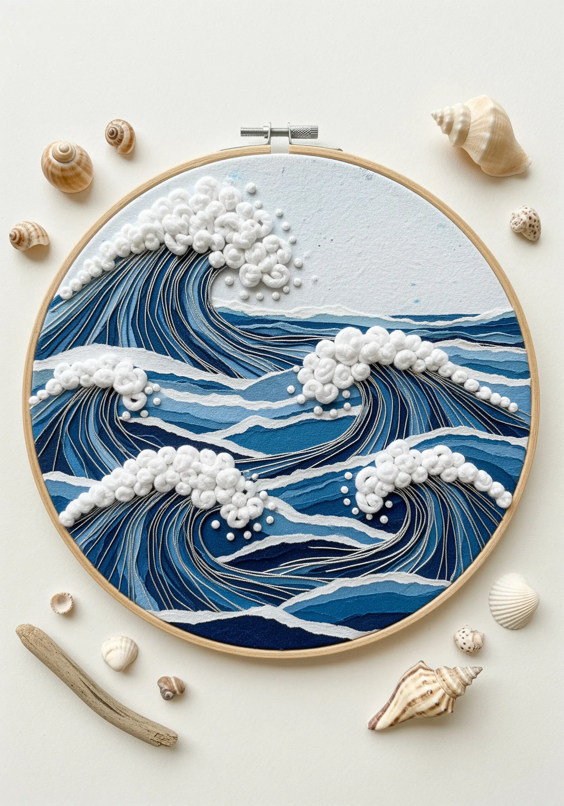 Ocean waves made from layered blue paper in a hoop, with thread details and French knot foam.