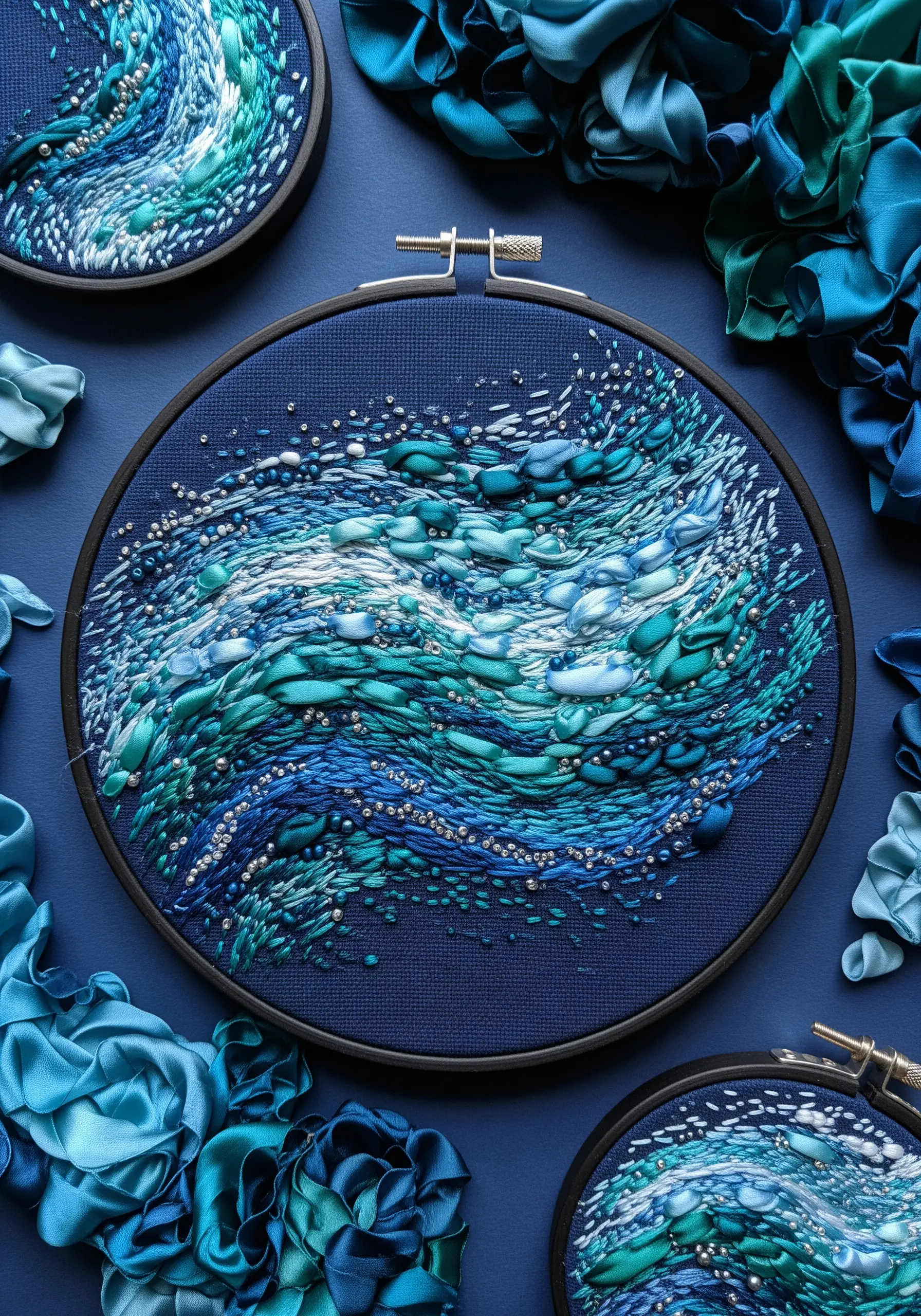 Abstract ocean wave embroidery using blue silk ribbons, thread, and silver beads.