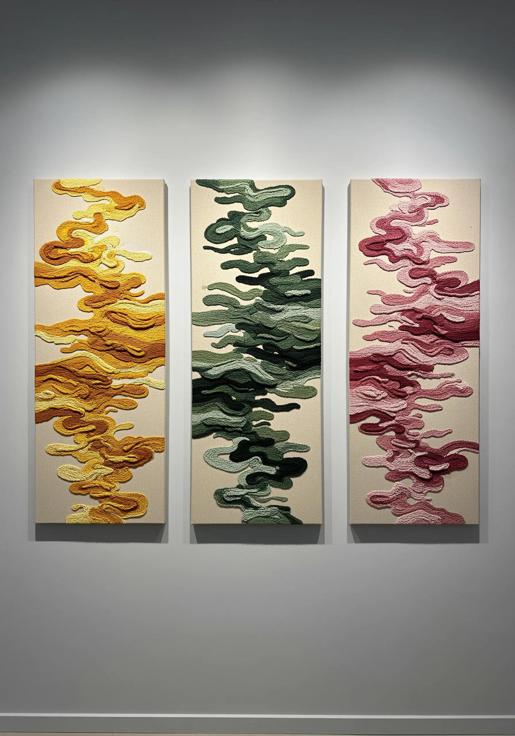 Triptych of embroidered canvases with flowing, organic shapes in yellow, green, and pink.