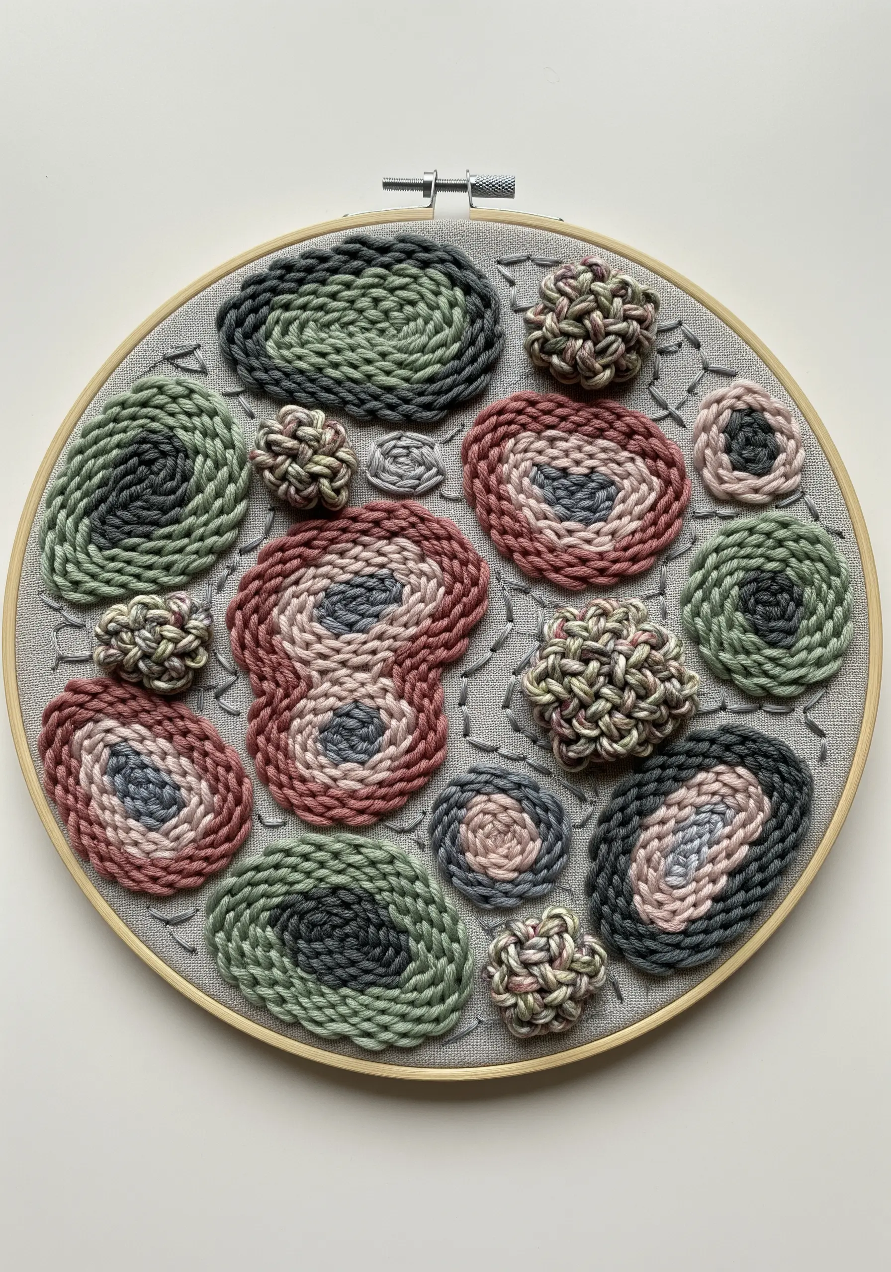Abstract 3D embroidery with coiled and knotted yarn in muted greens and pinks.