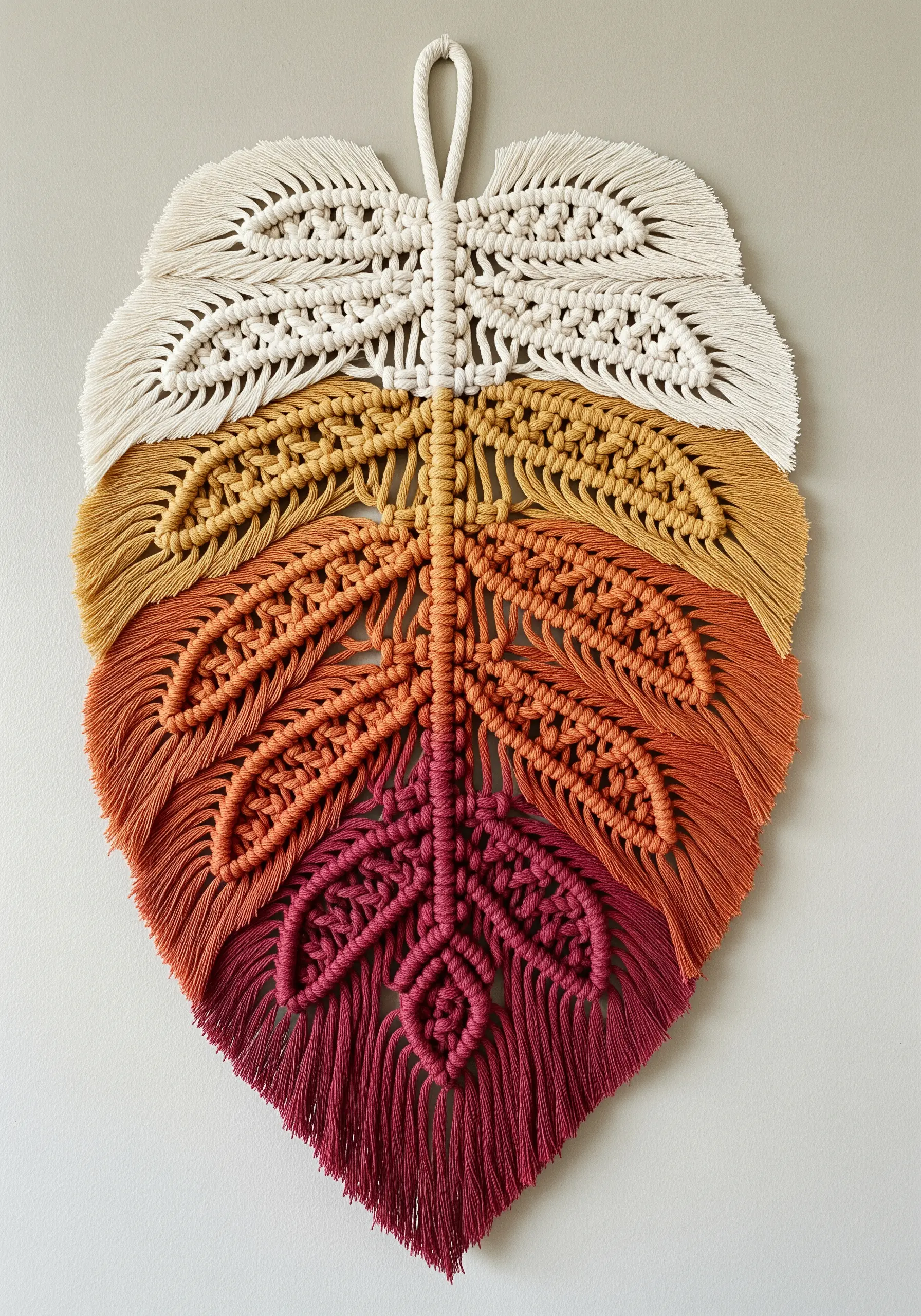 A large macrame leaf wall hanging with sections in cream, gold, orange, and deep red.