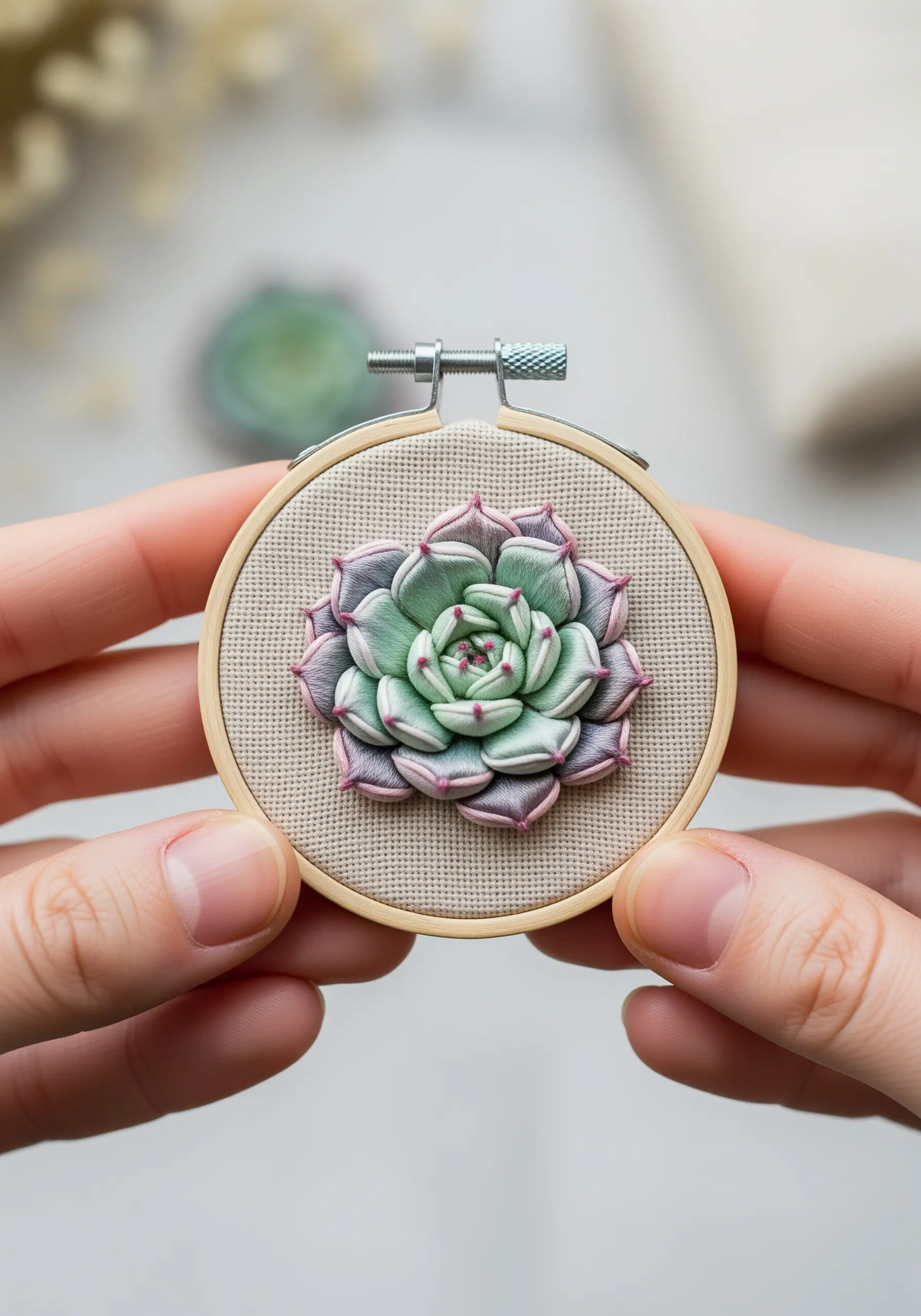 Highly detailed, three-dimensional embroidery of a succulent in a very small hoop.