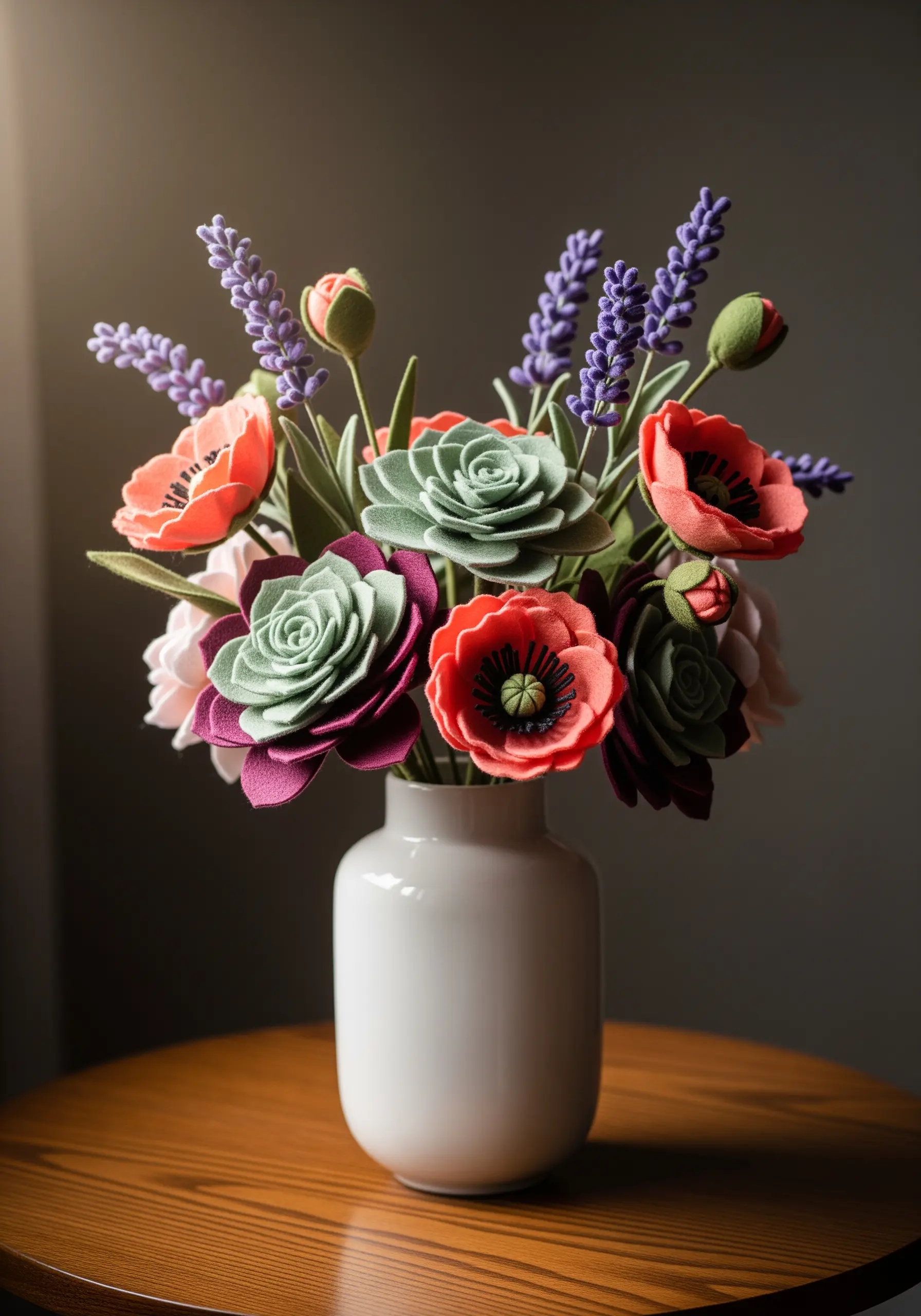 A bouquet of realistic felt flowers including poppies, succulents, and lavender.
