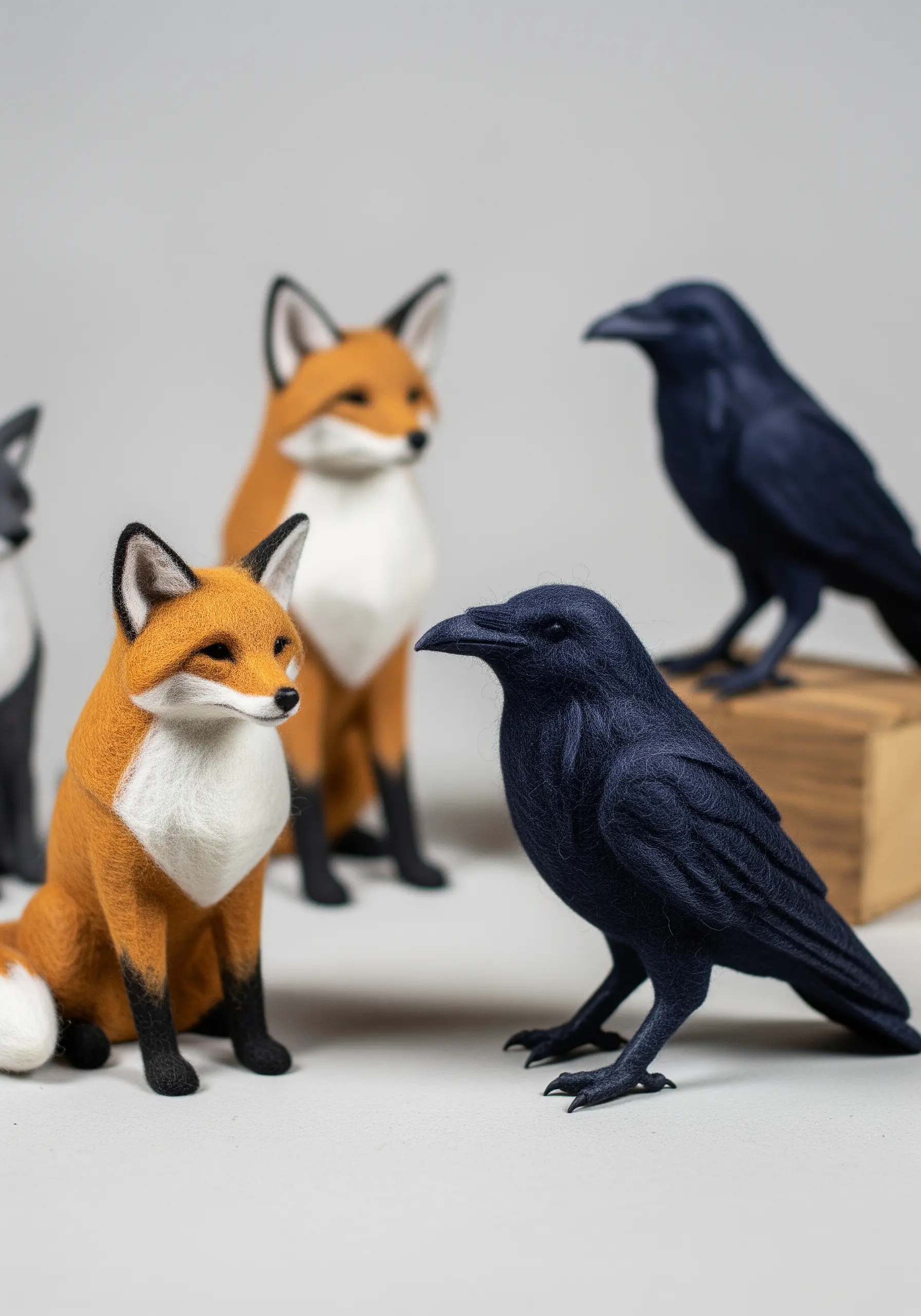Hyper-realistic needle-felted sculptures of a fox and a raven with fine details.