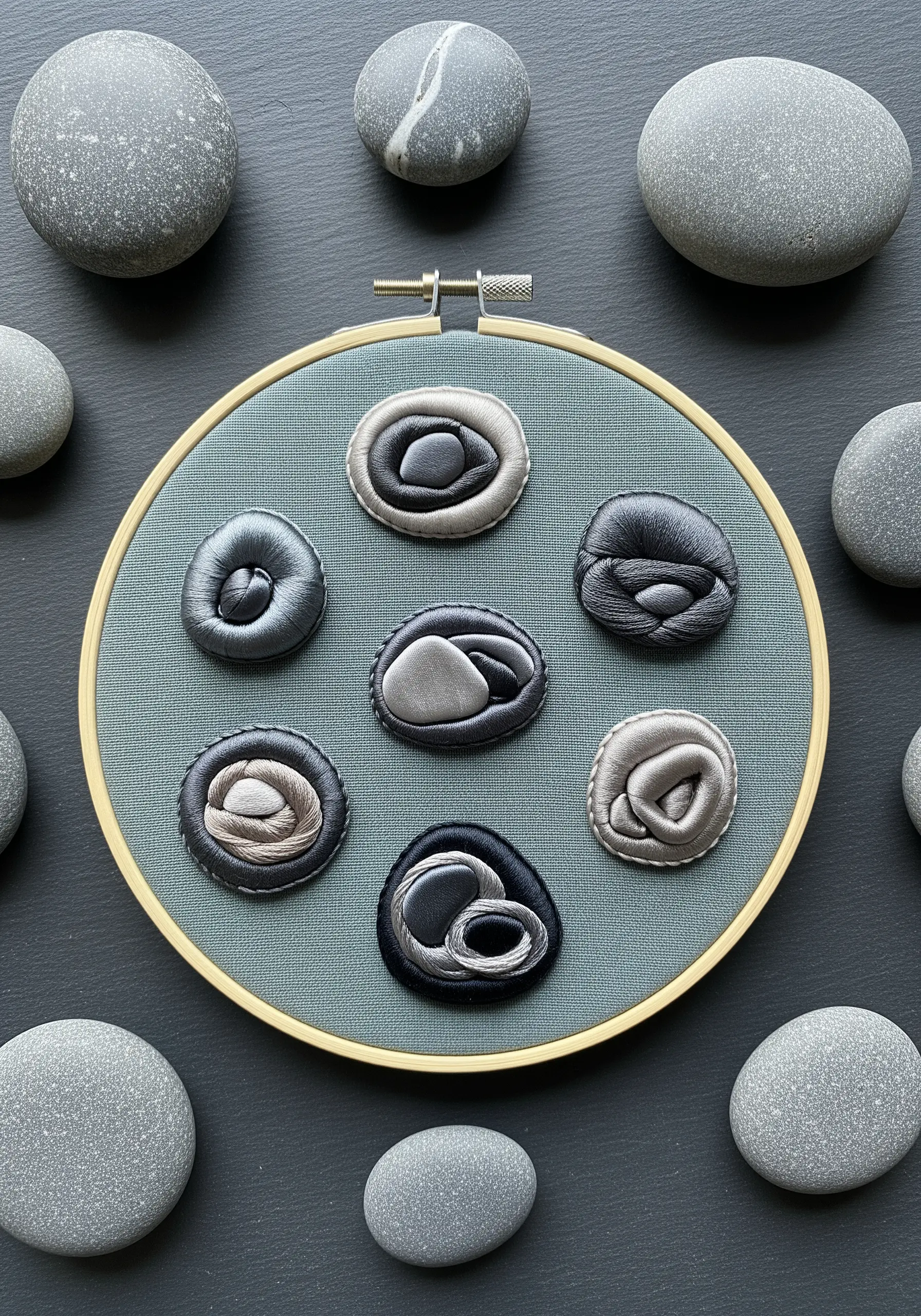 Embroidered 3D river stones in shades of grey on teal fabric, using padded satin stitch.