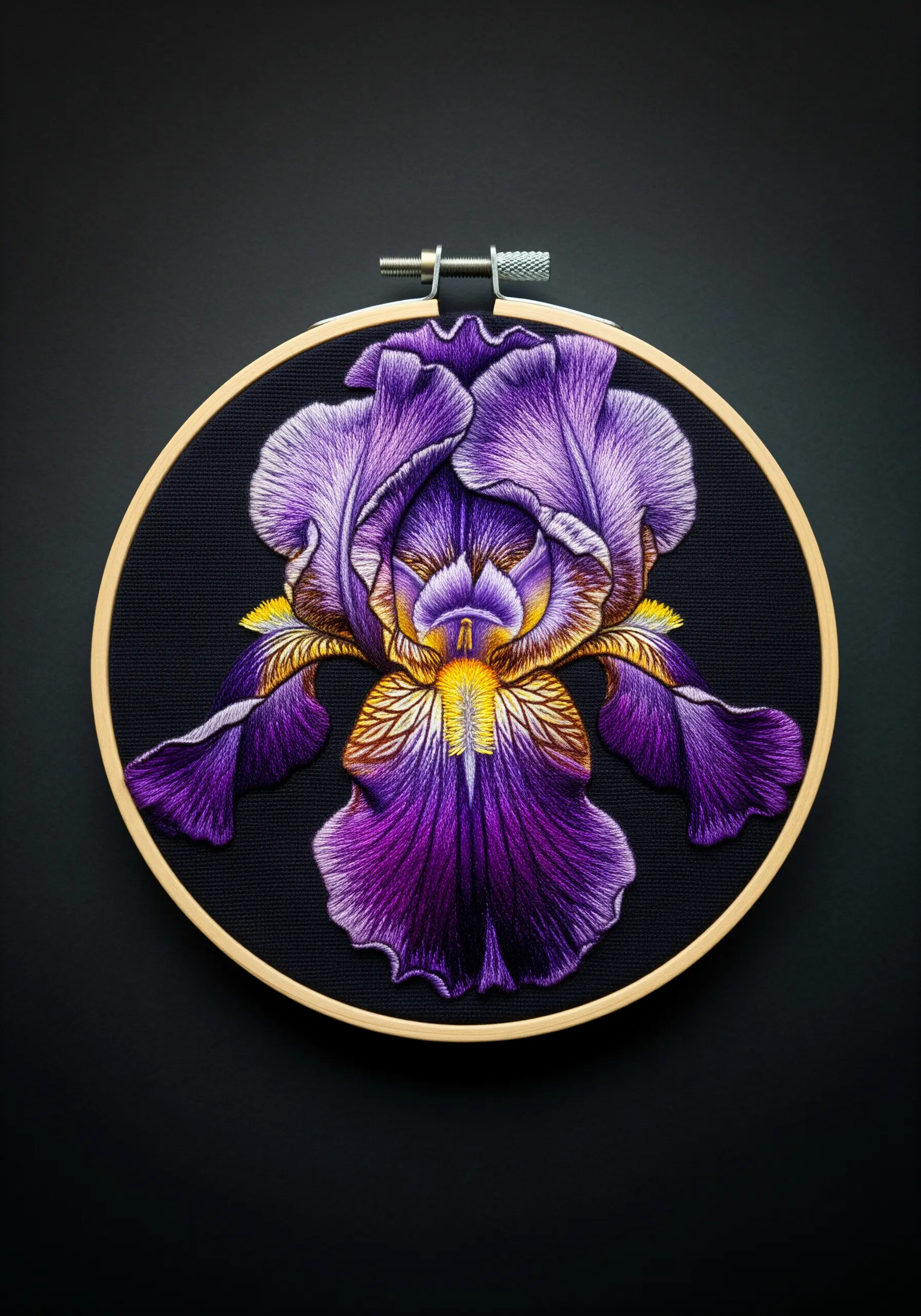 A hyper-realistic, thread-painted purple iris embroidered on black fabric