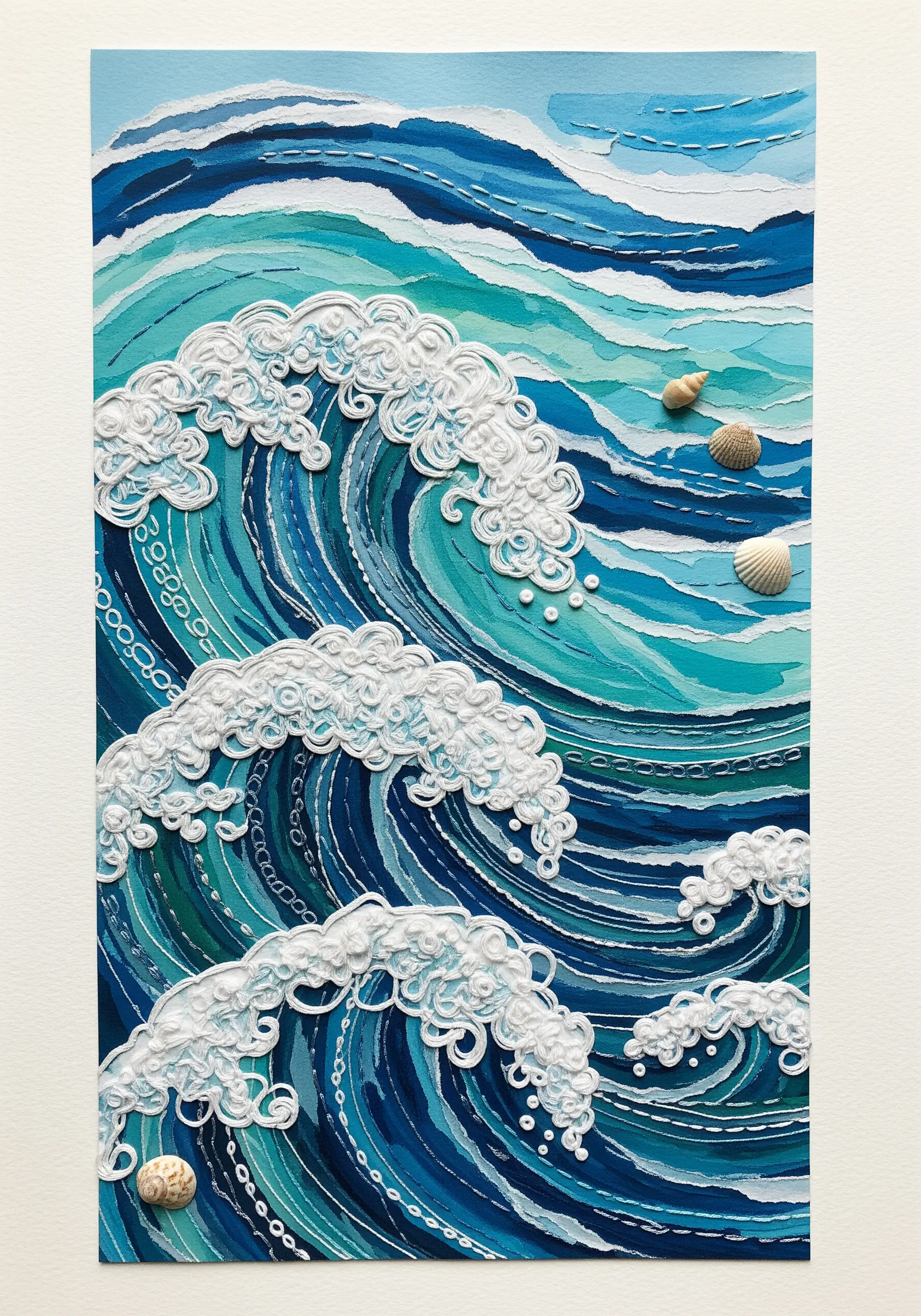 An ocean wave collage with white thread creating textured sea foam using French knots.