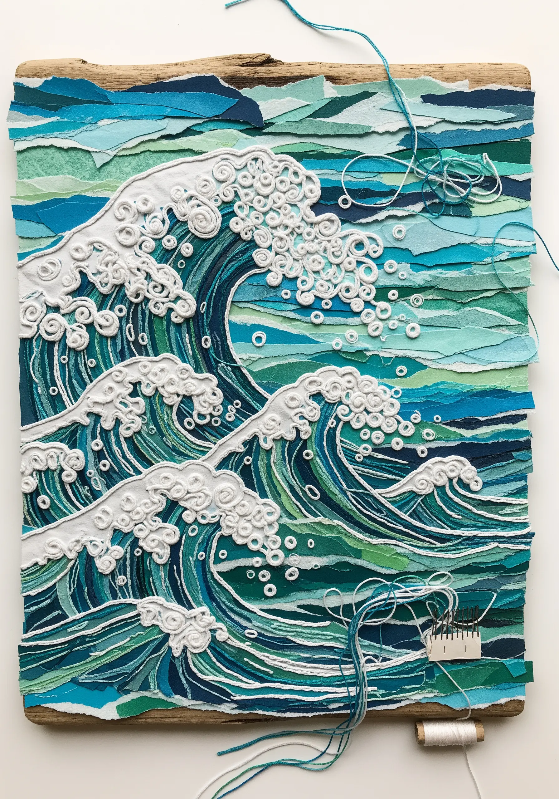 An ocean wave collage with torn paper and coiled white paper for seafoam.
