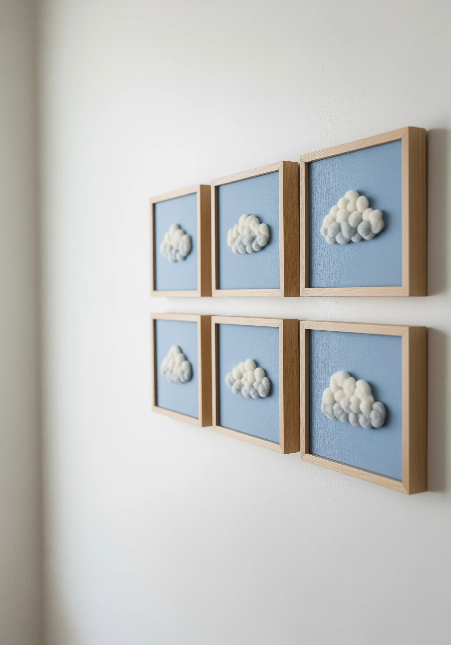 A series of six small framed art pieces, each with a fluffy 3D felted cloud