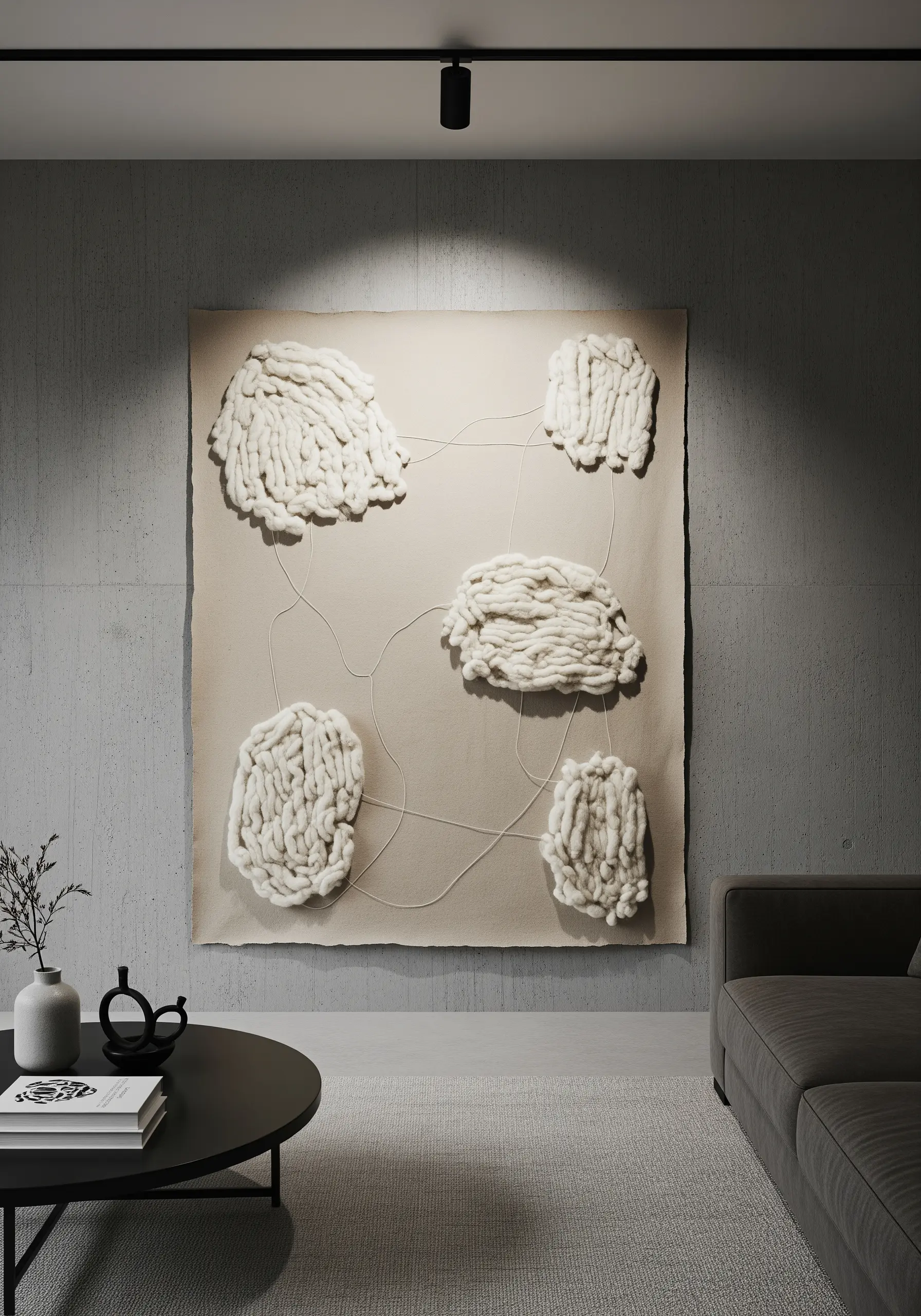 Abstract wall art with chunky white wool roving forming cloud-like shapes on canvas.
