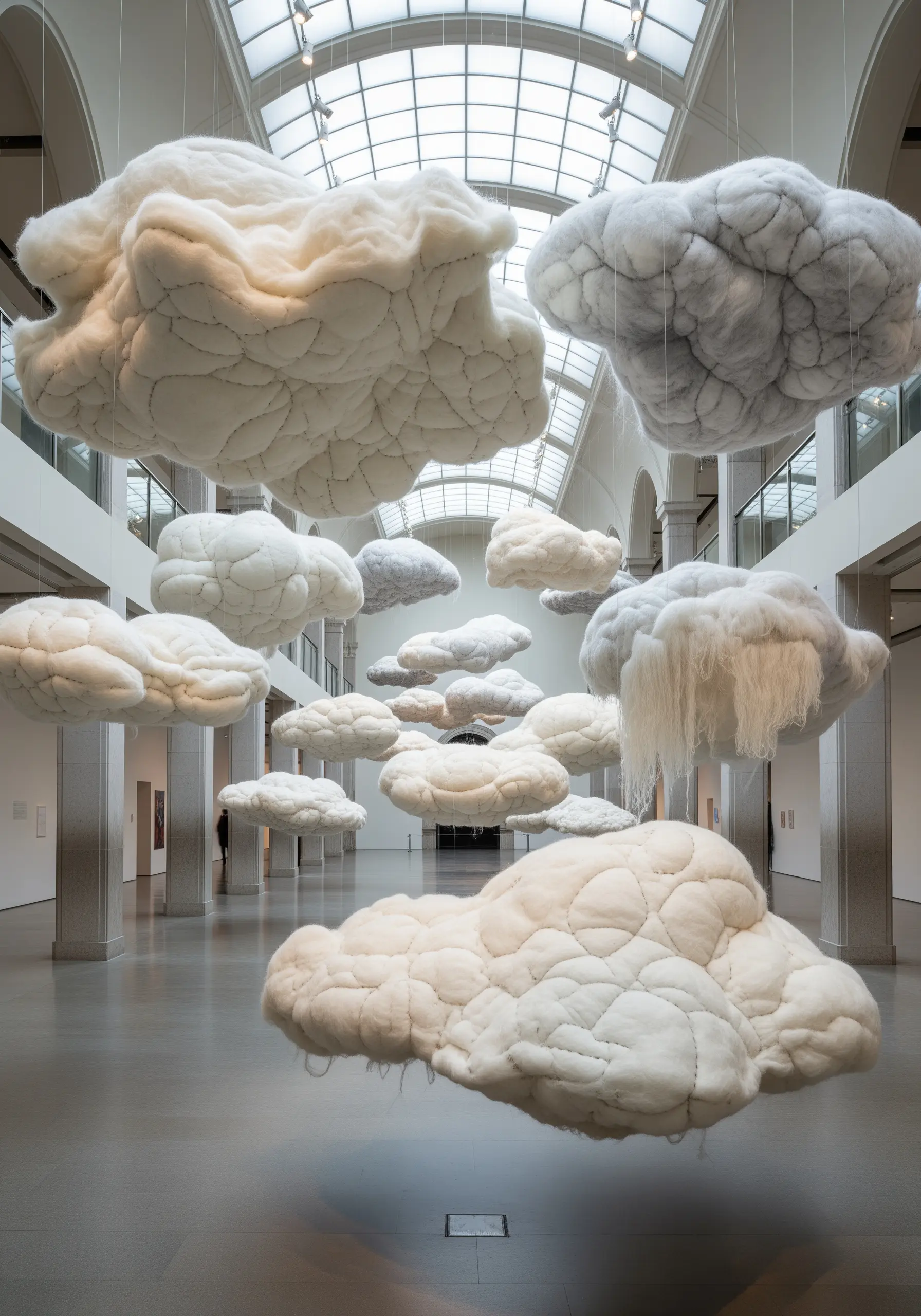 Soft, puffy, cloud-like sculptures made of felted wool hanging in a museum gallery.