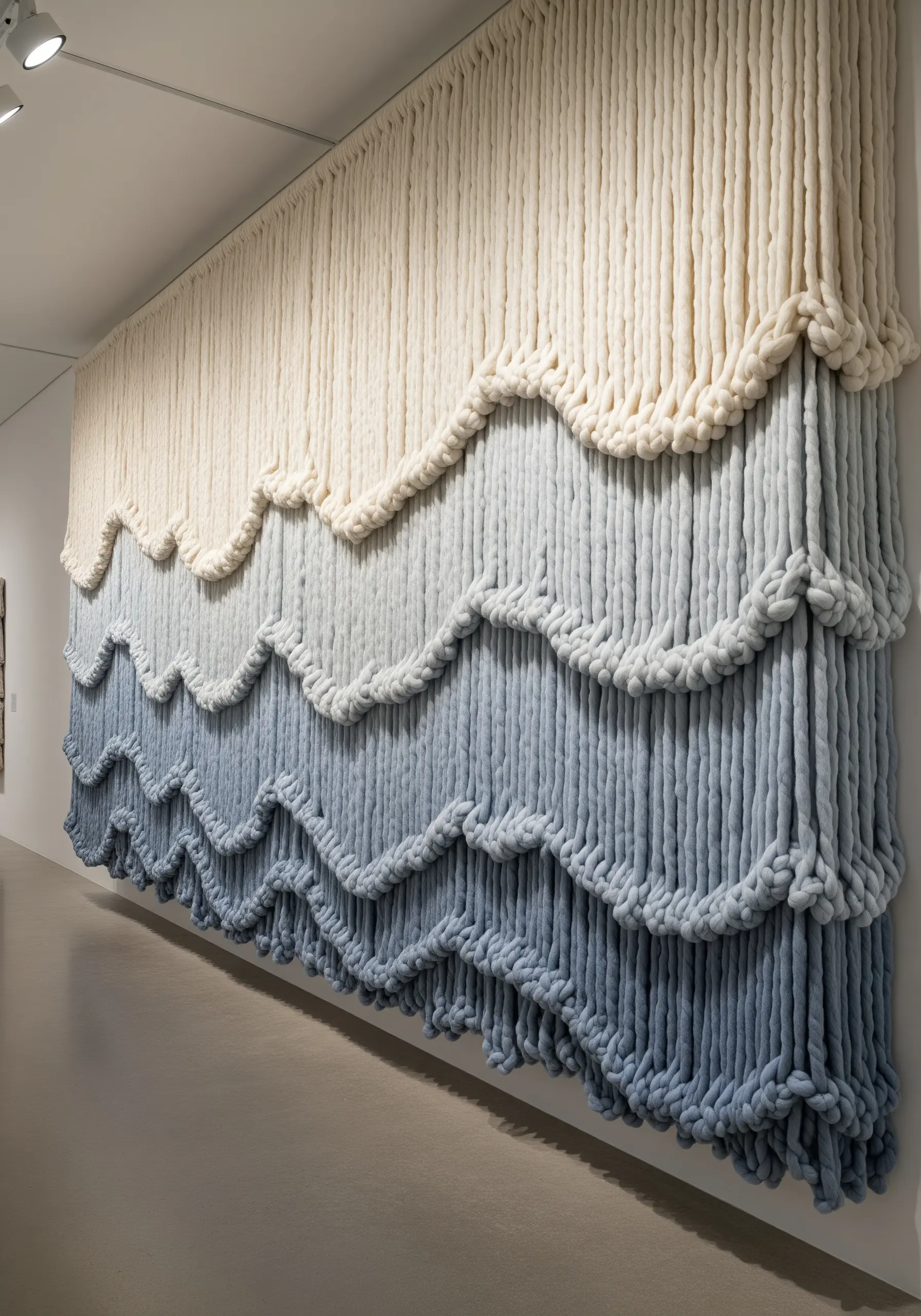 A large wall hanging made of chunky wool roving in shades of cream and blue, forming soft, scalloped waves.