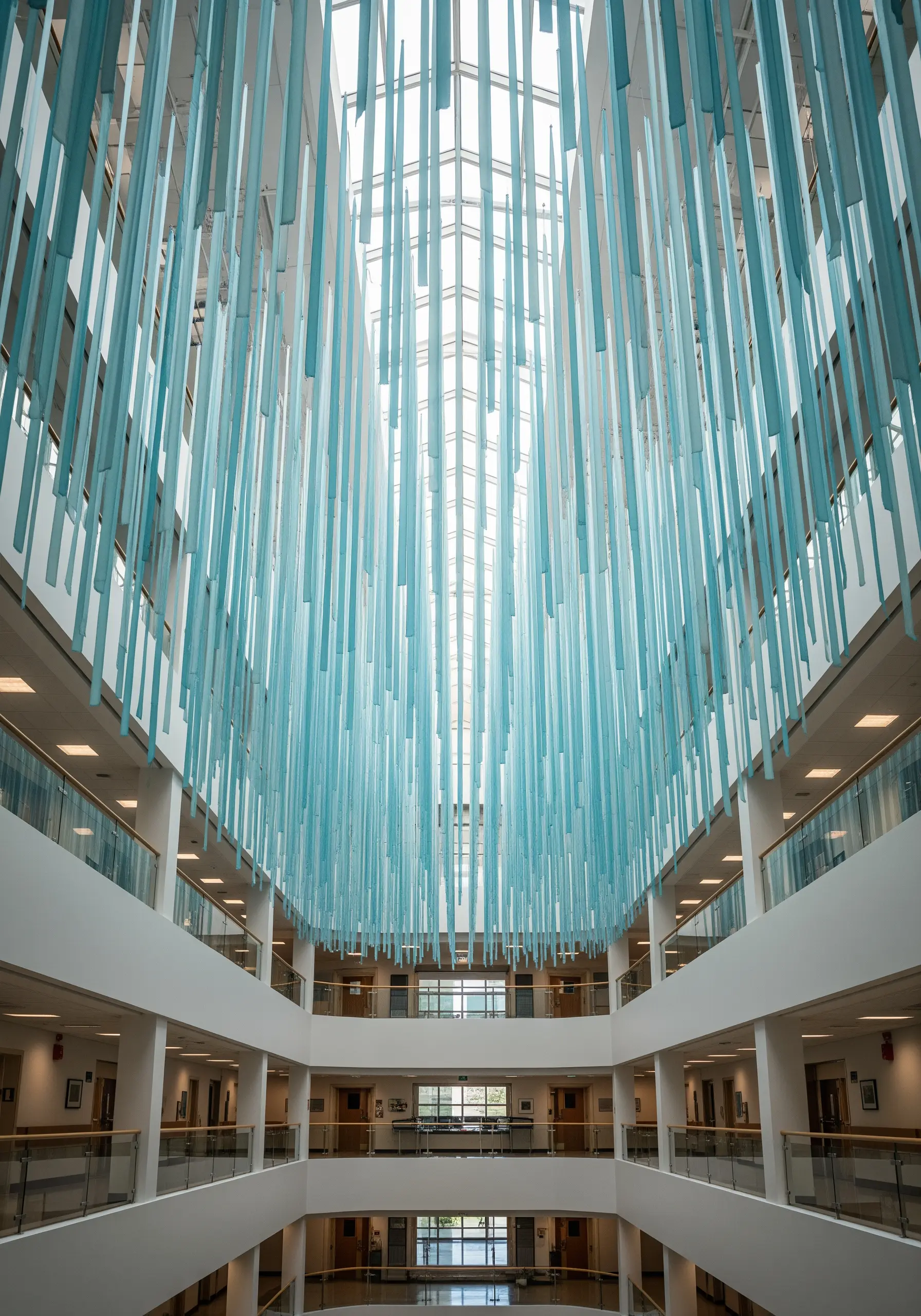 Hundreds of light blue fabric strips hanging from a high ceiling in an atrium