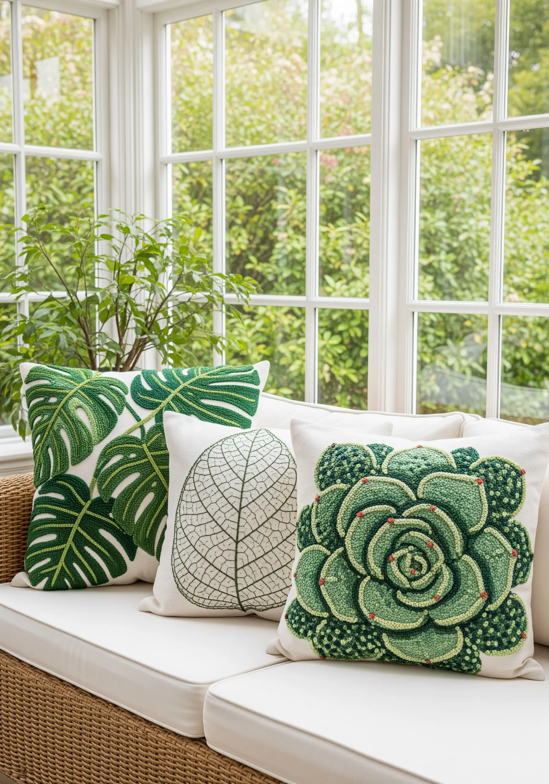A trio of botanical pillows featuring a monstera leaf, a leaf skeleton, and a 3D succulent.
