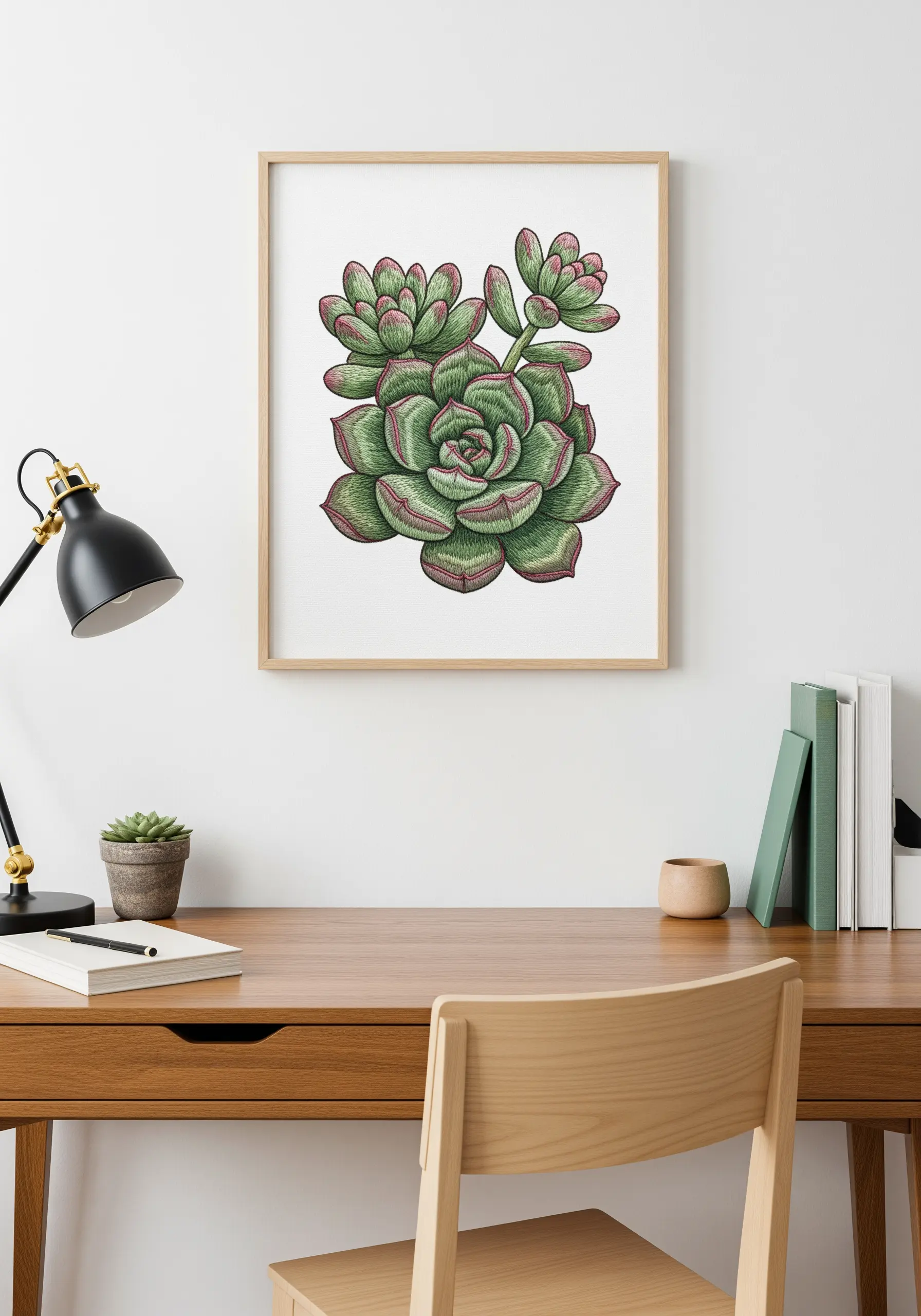 Framed embroidery of a succulent, using careful shading to create a realistic, 3D look.