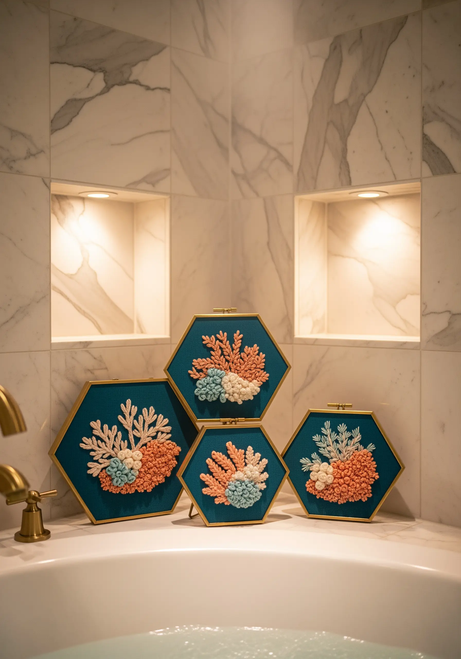 Four hexagonal hoops with textured embroidery of coral in pink, orange, and blue