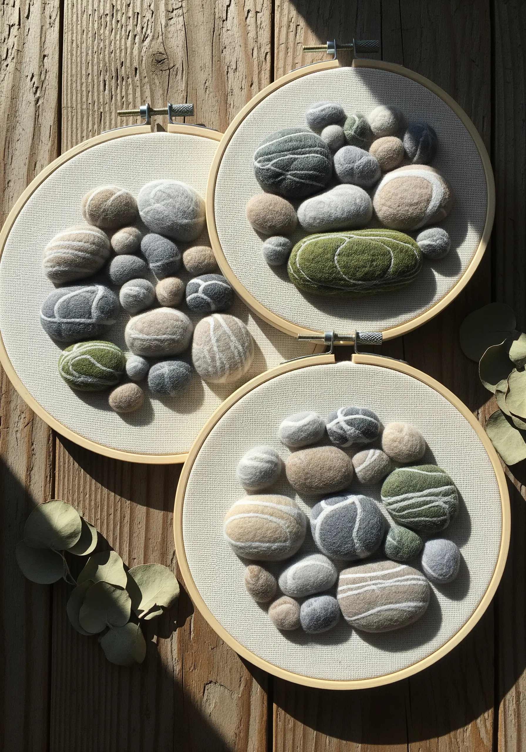 Three embroidery hoops filled with 3D felted stones in grey, cream, and green tones.