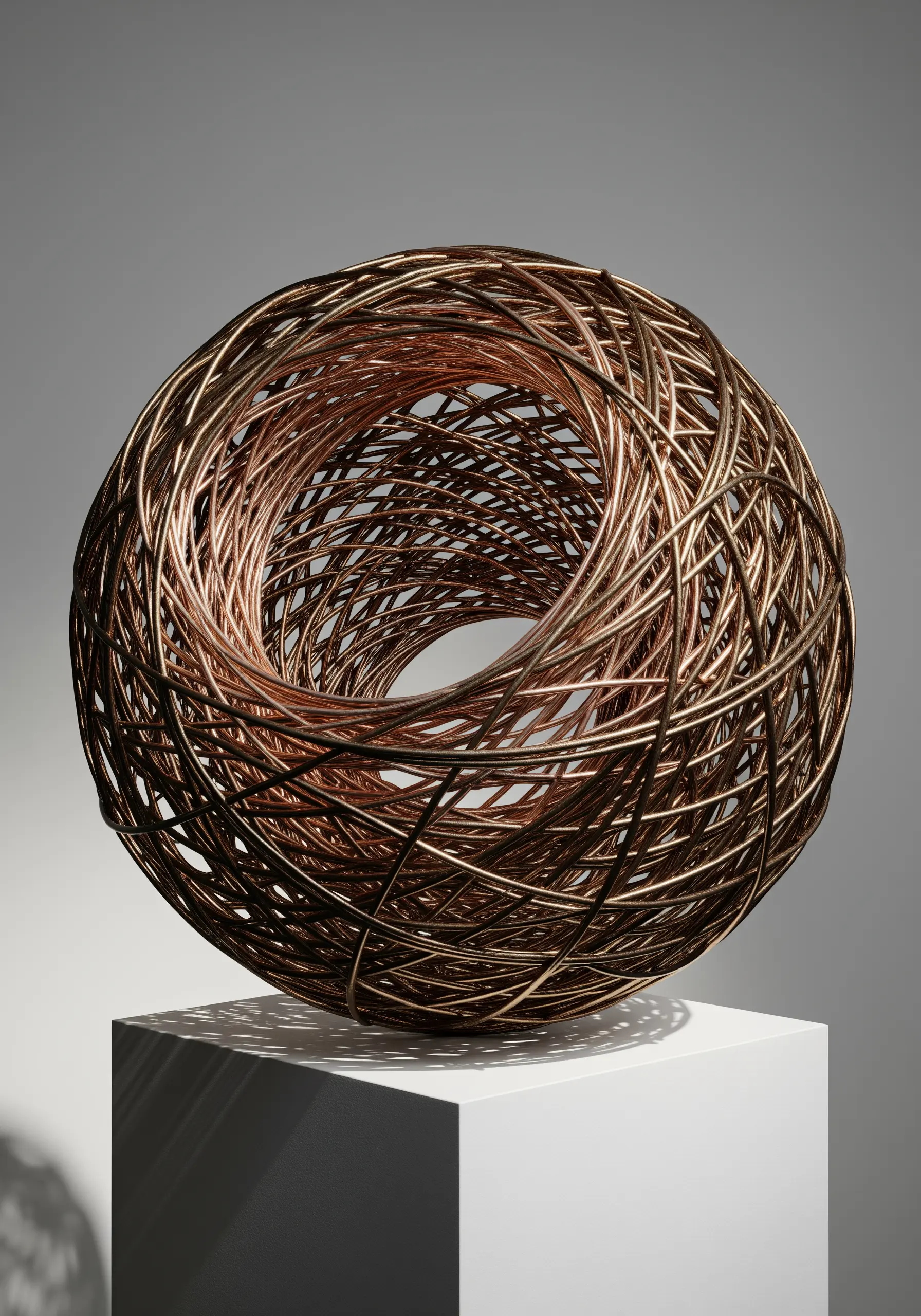 A three-dimensional, nest-like sphere sculpted from interwoven copper and bronze metallic wires.