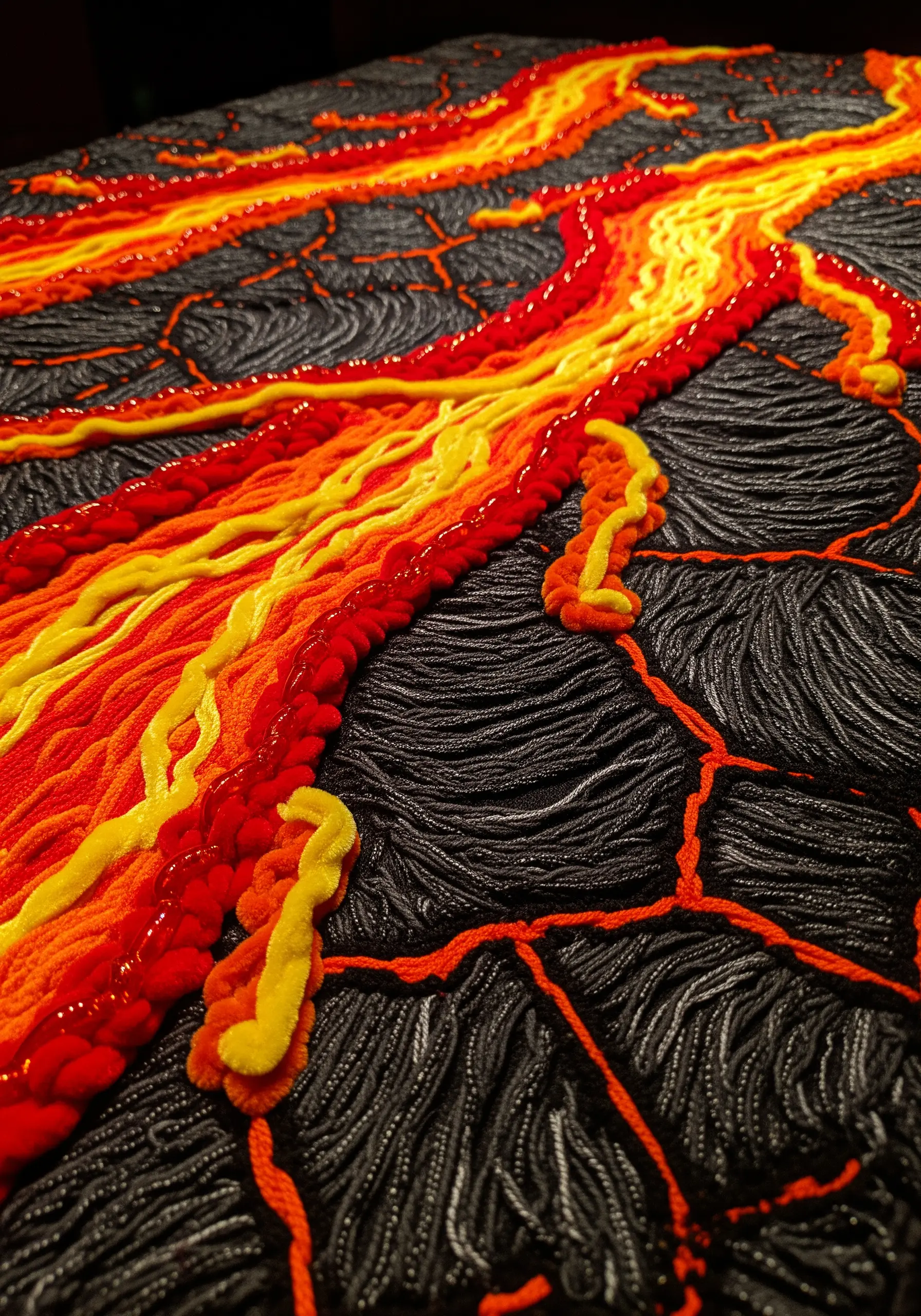 A textural embroidery of flowing lava using thick red, orange, and yellow yarn on a black base