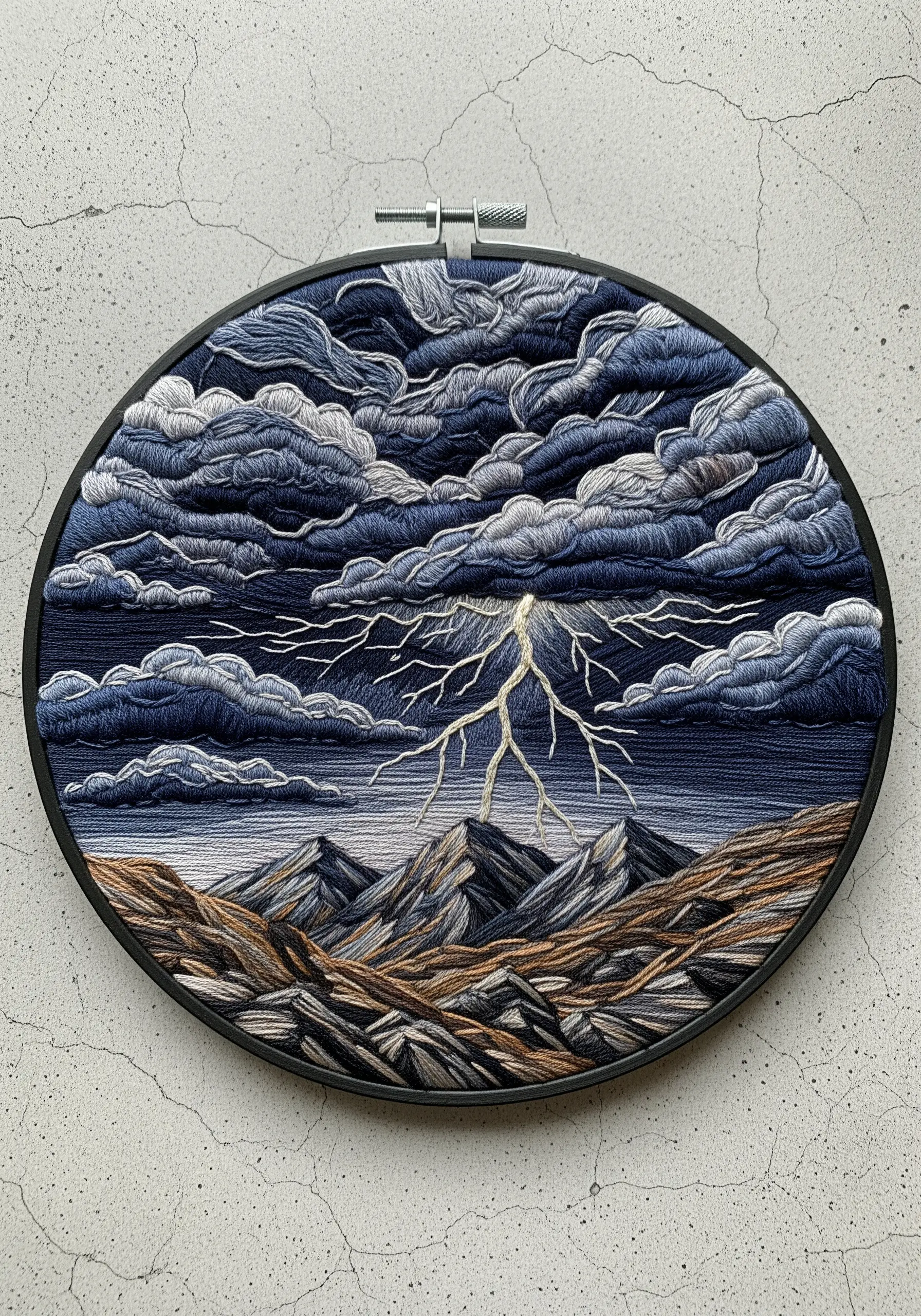 Embroidery of a dramatic stormy sky with voluminous clouds and a lightning strike.